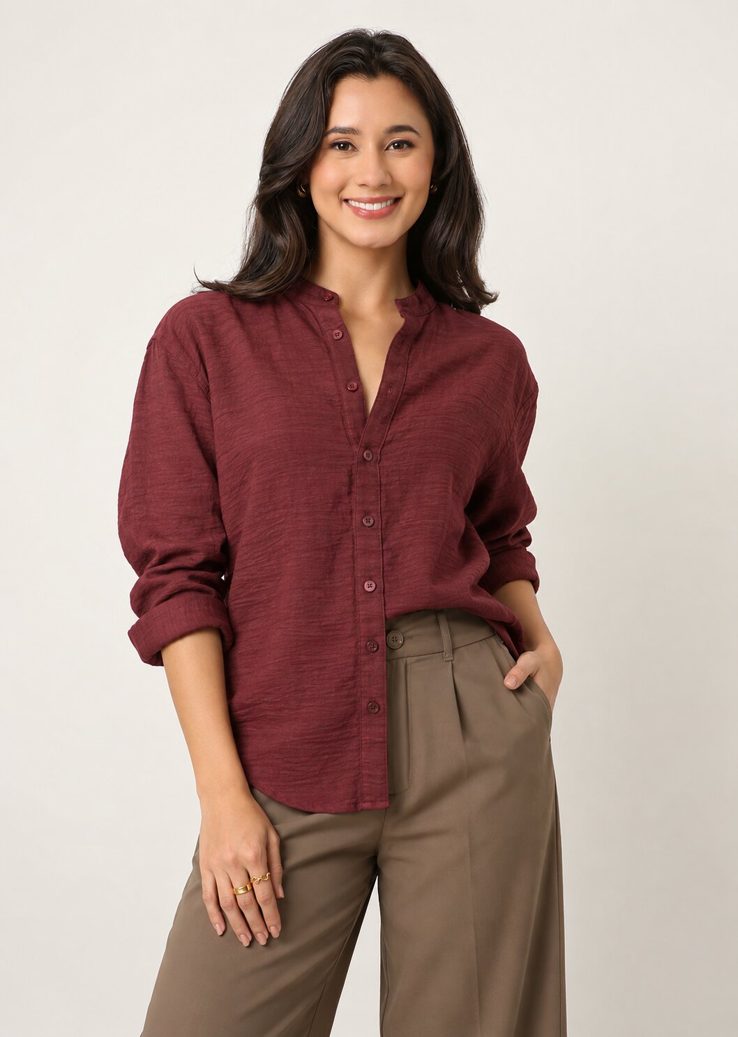 Dusty Maroon Textured Mandarin Collar Relaxed Fit Shirt