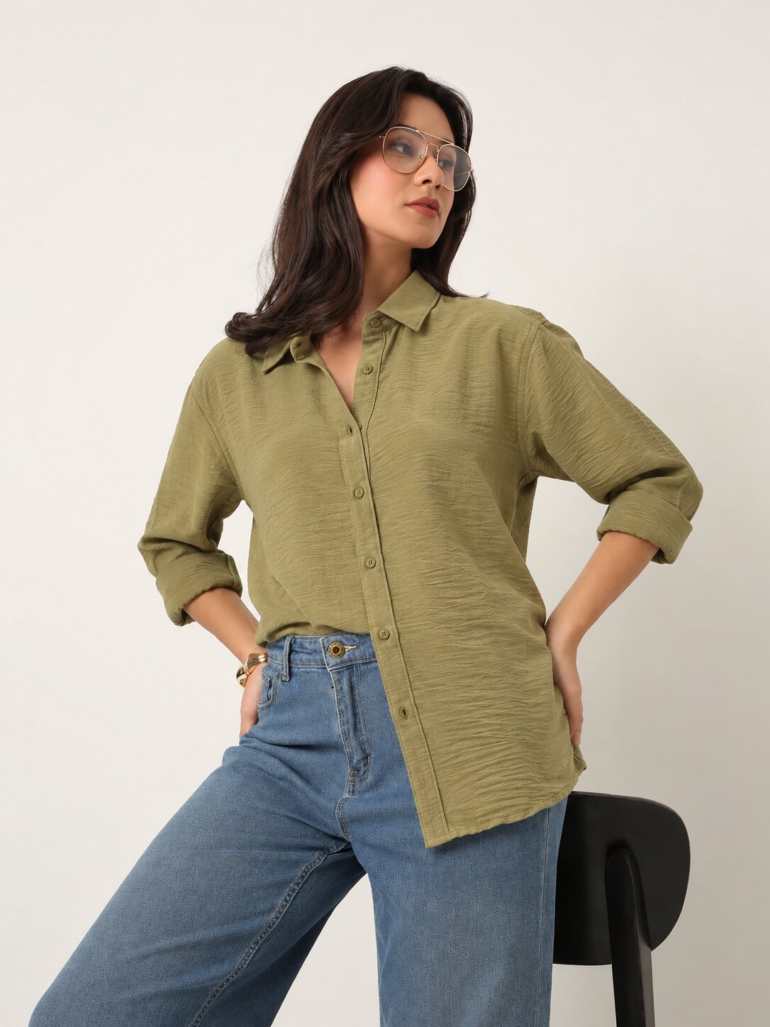 Pastel Olive Textured Relaxed Fit Button-Down Shirt
