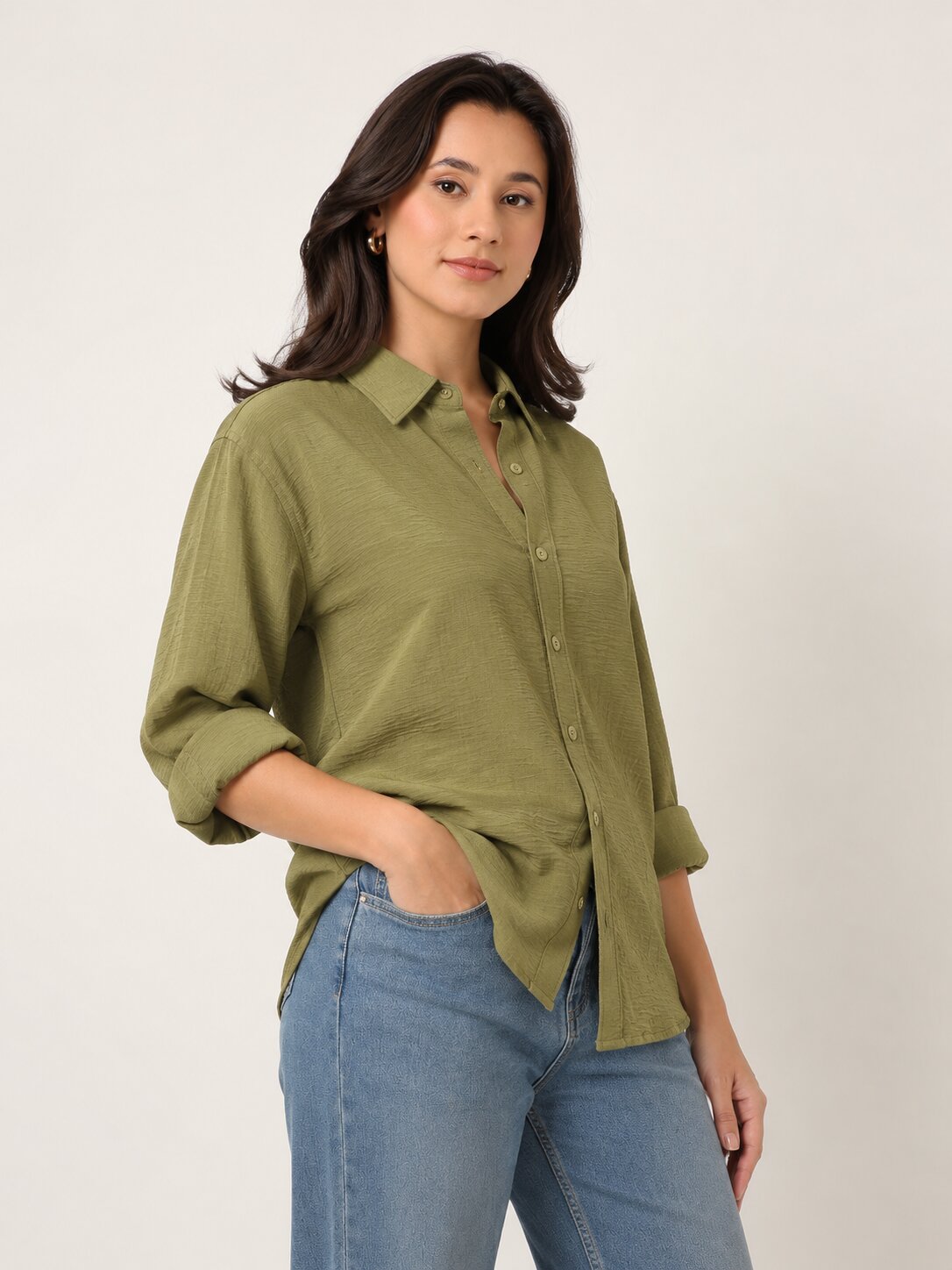 Pastel Olive Textured Relaxed Fit Button-Down Shirt