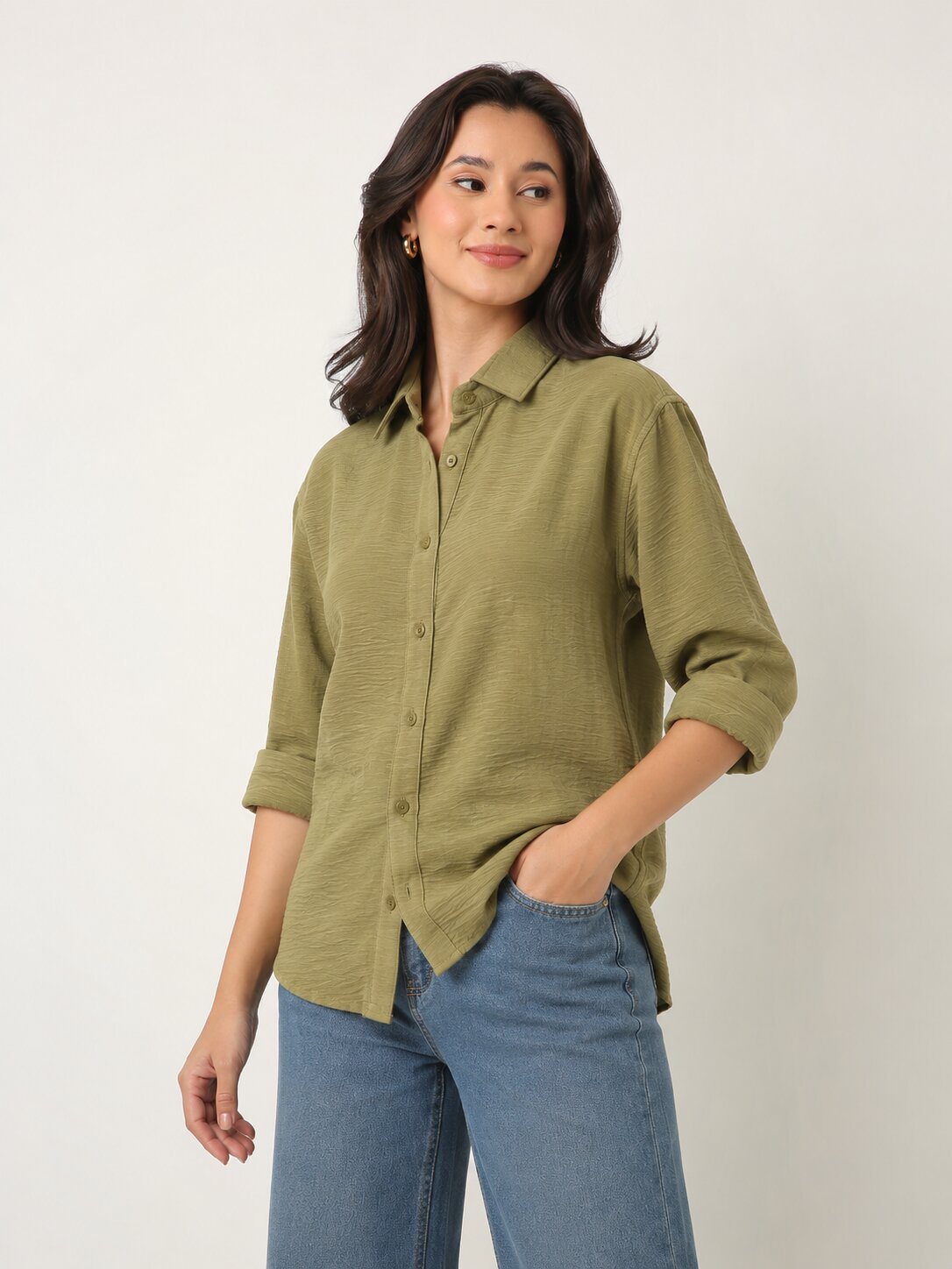 Pastel Olive Textured Relaxed Fit Button-Down Shirt