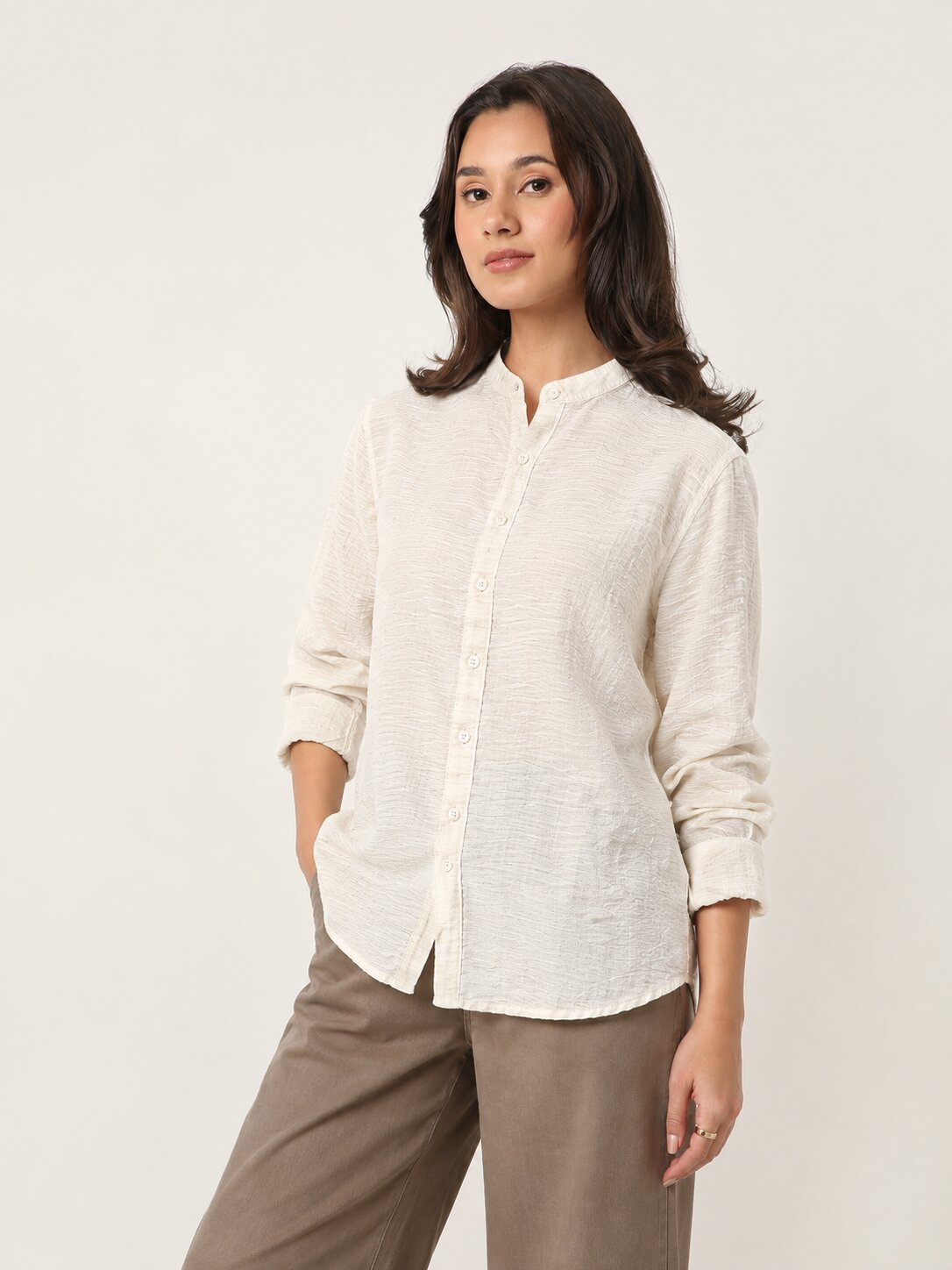 Cream Textured Mandarin Collar Relaxed Fit Shirt