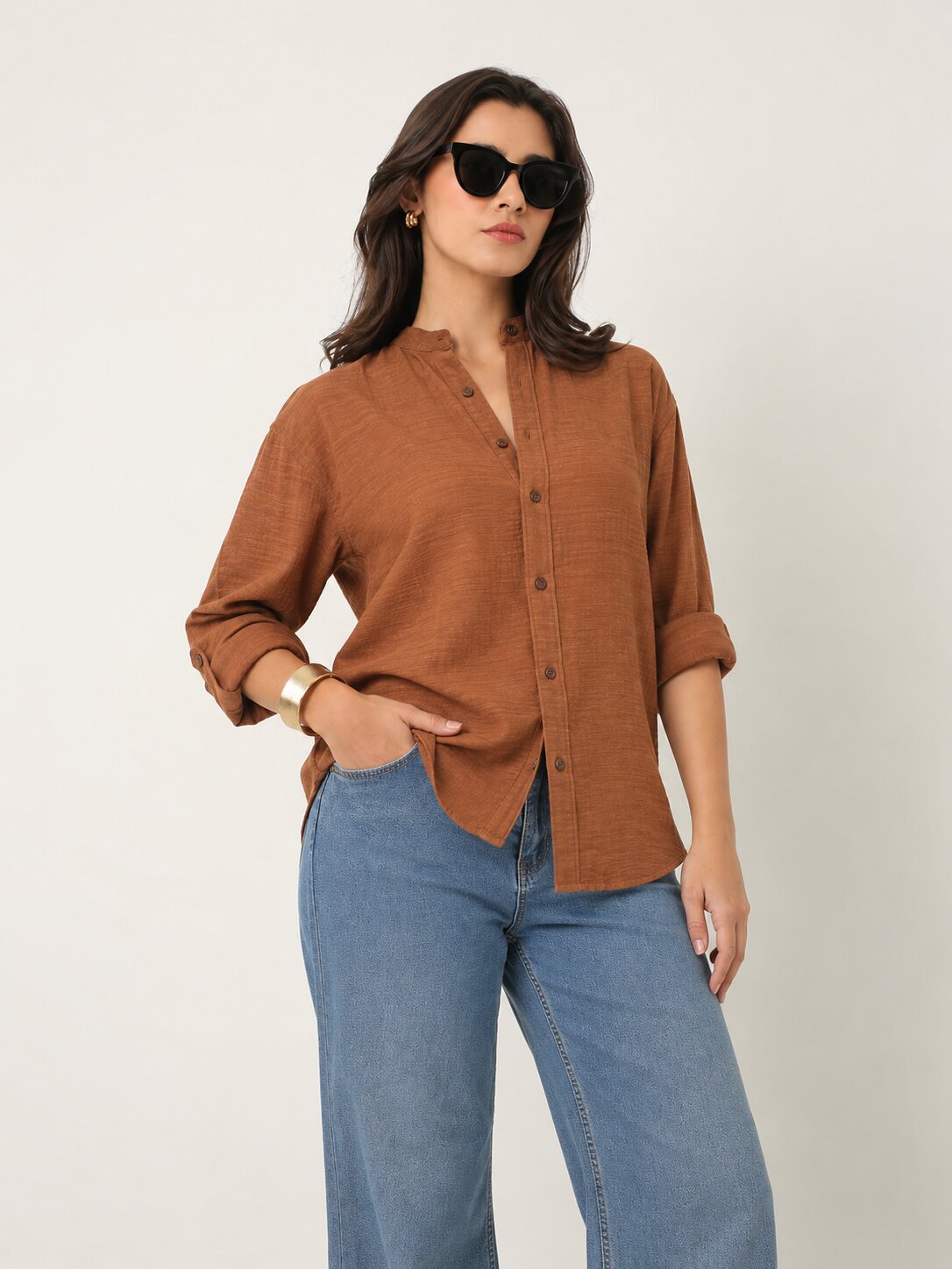 Rusty Orange Textured Mandarin Collar Relaxed Fit Shirt