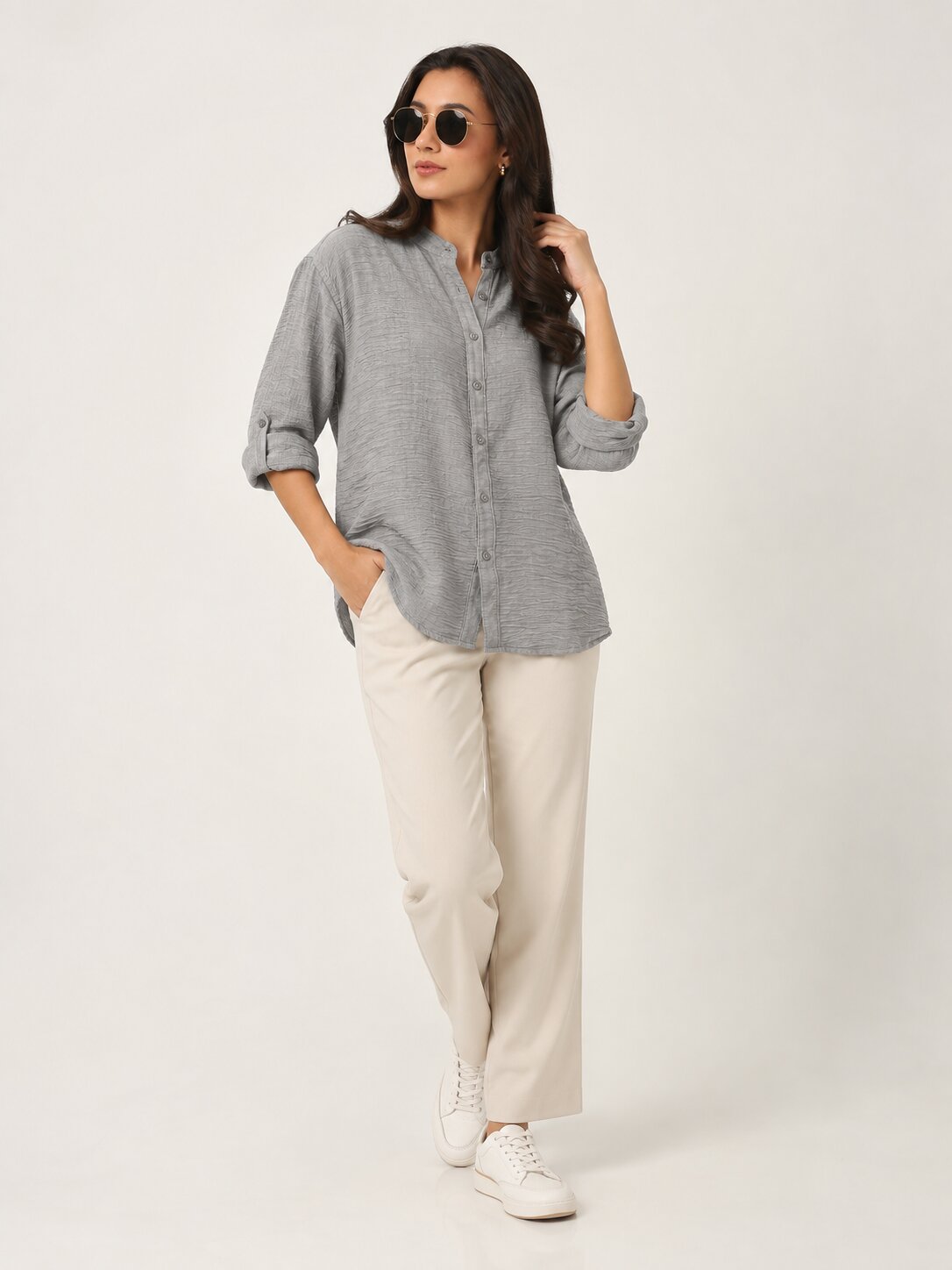 Lt. Grey Textured Mandarin Collar Relaxed Fit Shirt