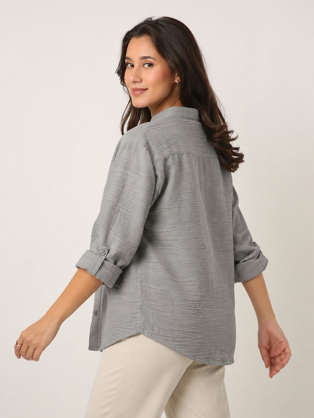 Lt. Grey Textured Mandarin Collar Relaxed Fit Shirt
