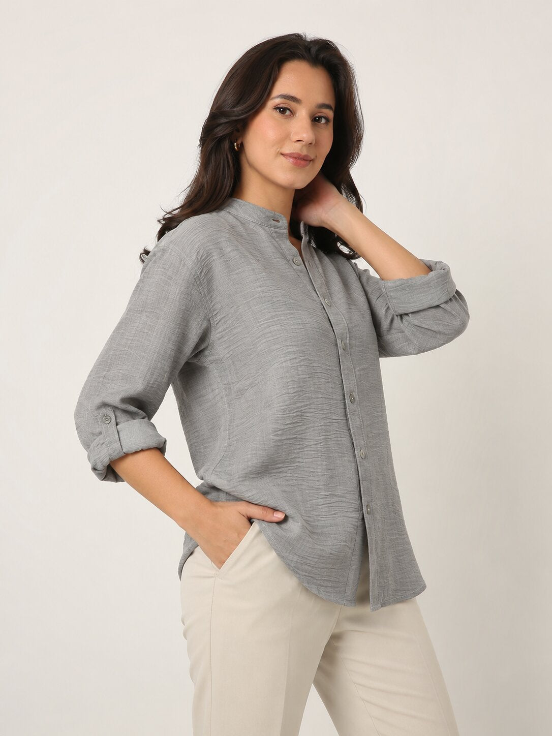 Lt. Grey Textured Mandarin Collar Relaxed Fit Shirt