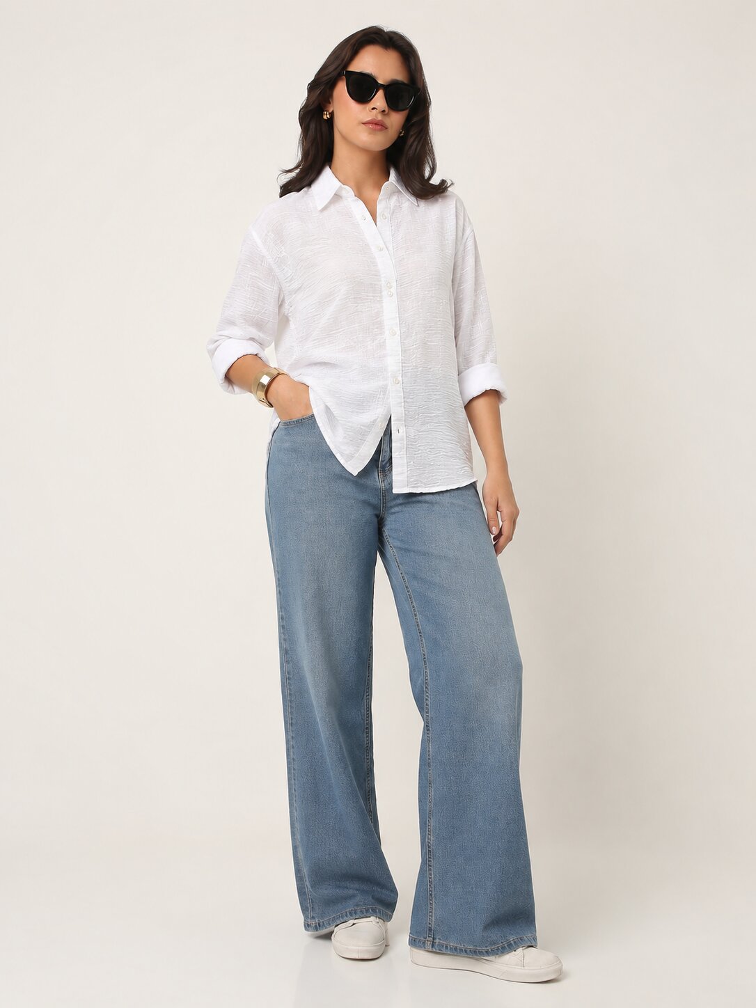 White Textured Relaxed Fit Button-Down Shirt