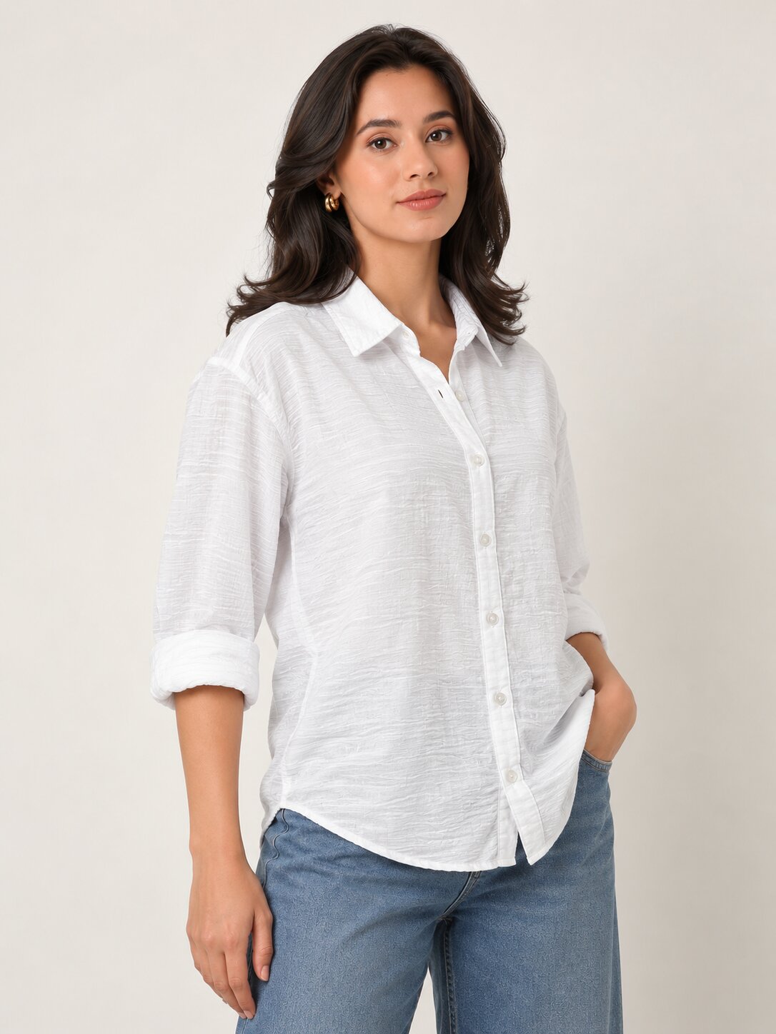 White Textured Relaxed Fit Button-Down Shirt