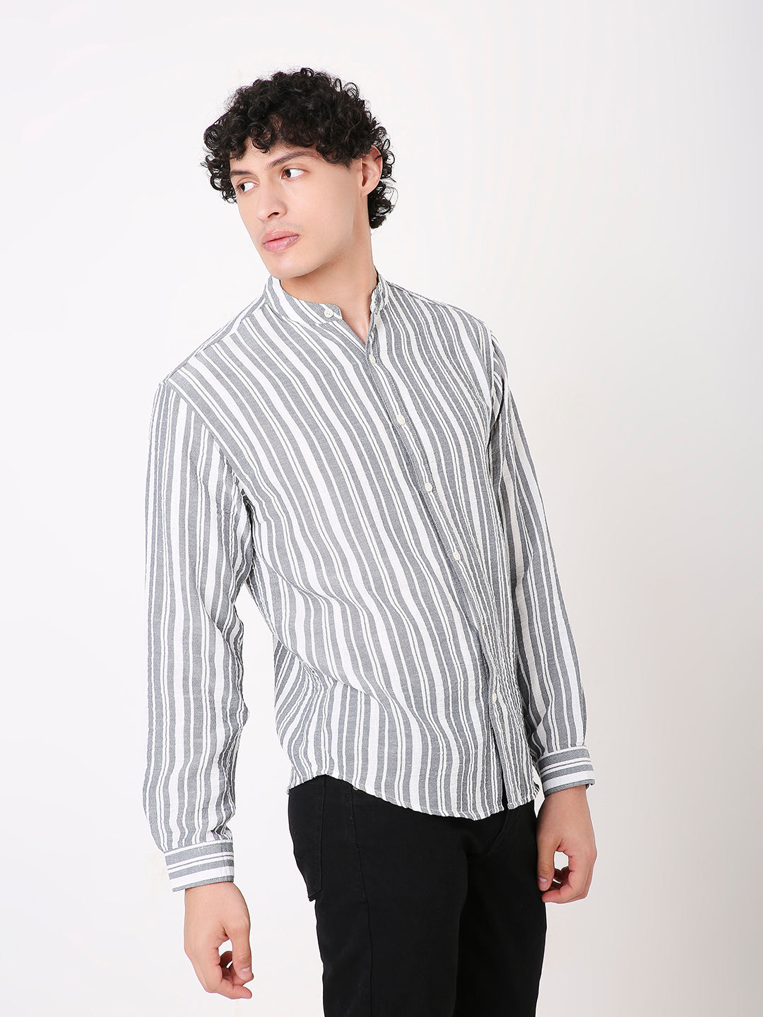 GRAY STRIPED MANDARIN SHIRT