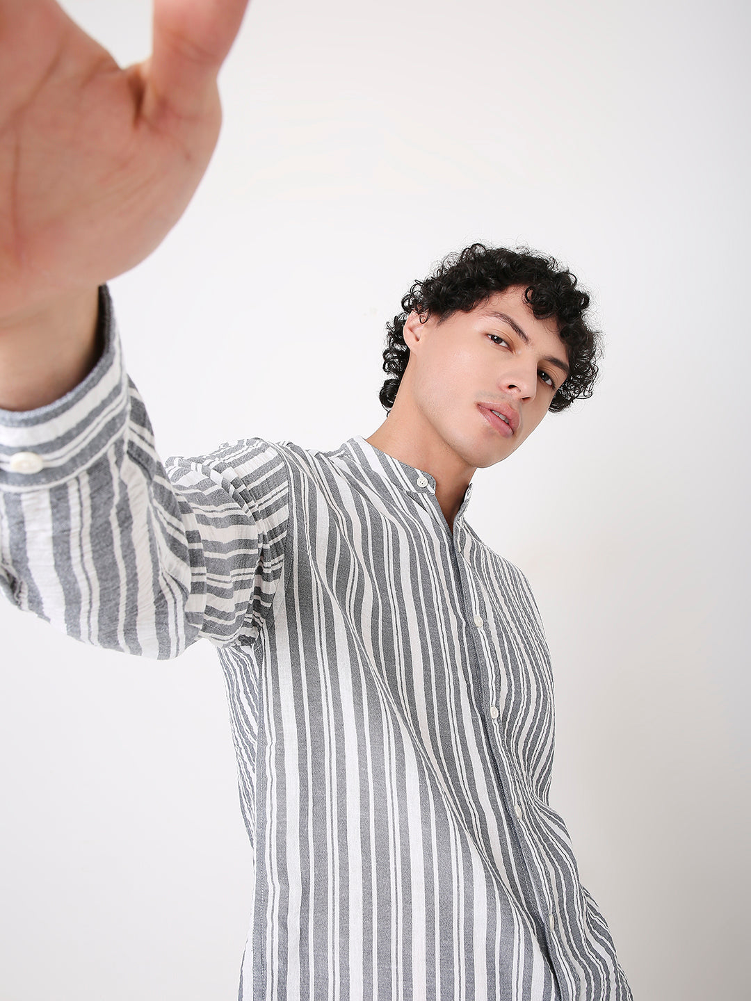 GRAY STRIPED MANDARIN SHIRT