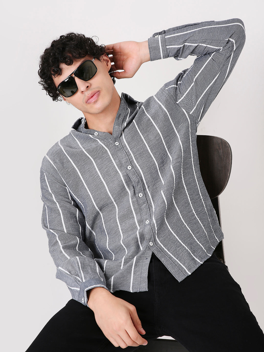 GRAY LINEN BLEND STRIPED SHIRT