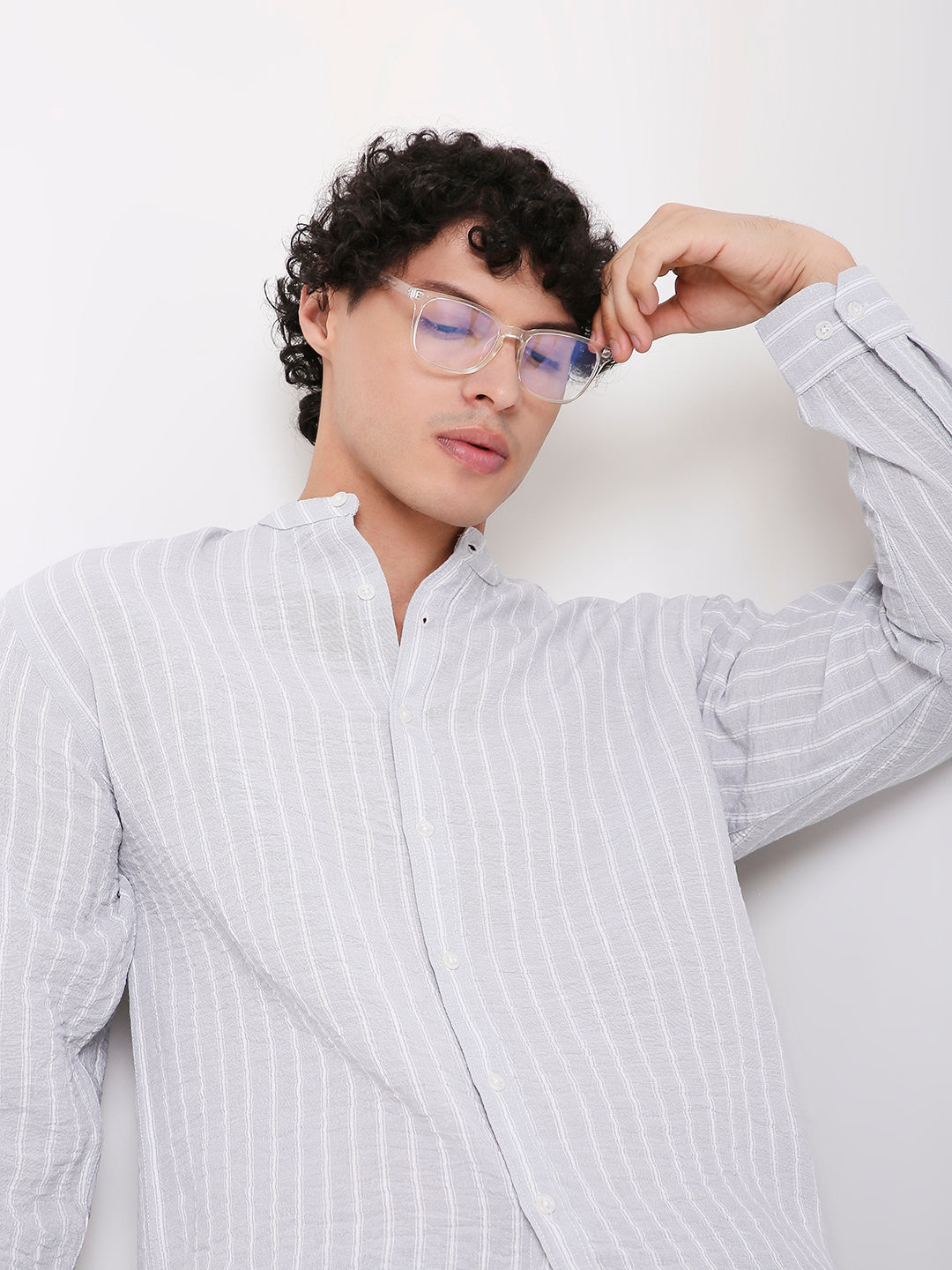 STRIPED LINEN BLEND MANDARIN COLLAR SHIRT FOR MEN