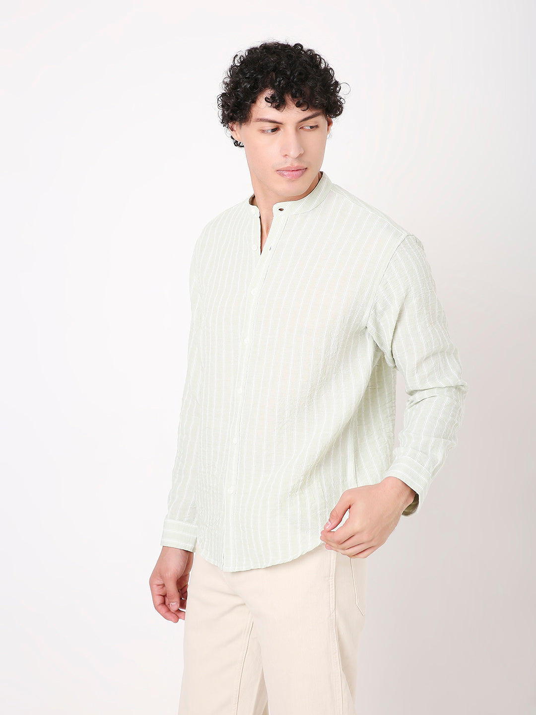 GREEN STRIPED MANDARIN SHIRT