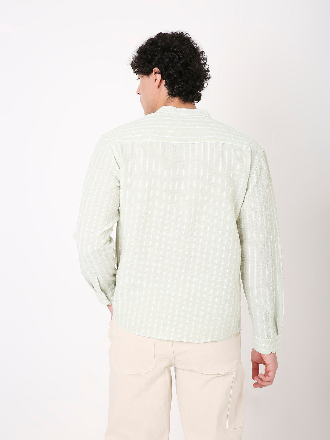 STRIPED MANDARIN COLLAR LINEN BLEND SHIRT FOR MEN