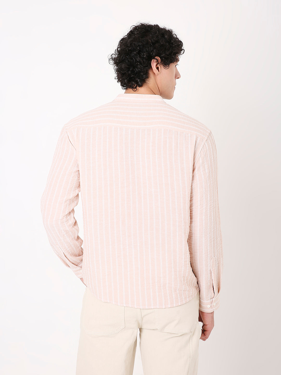 STRIPED MANDARIN COLLAR LINEN BLEND SHIRT FOR MEN