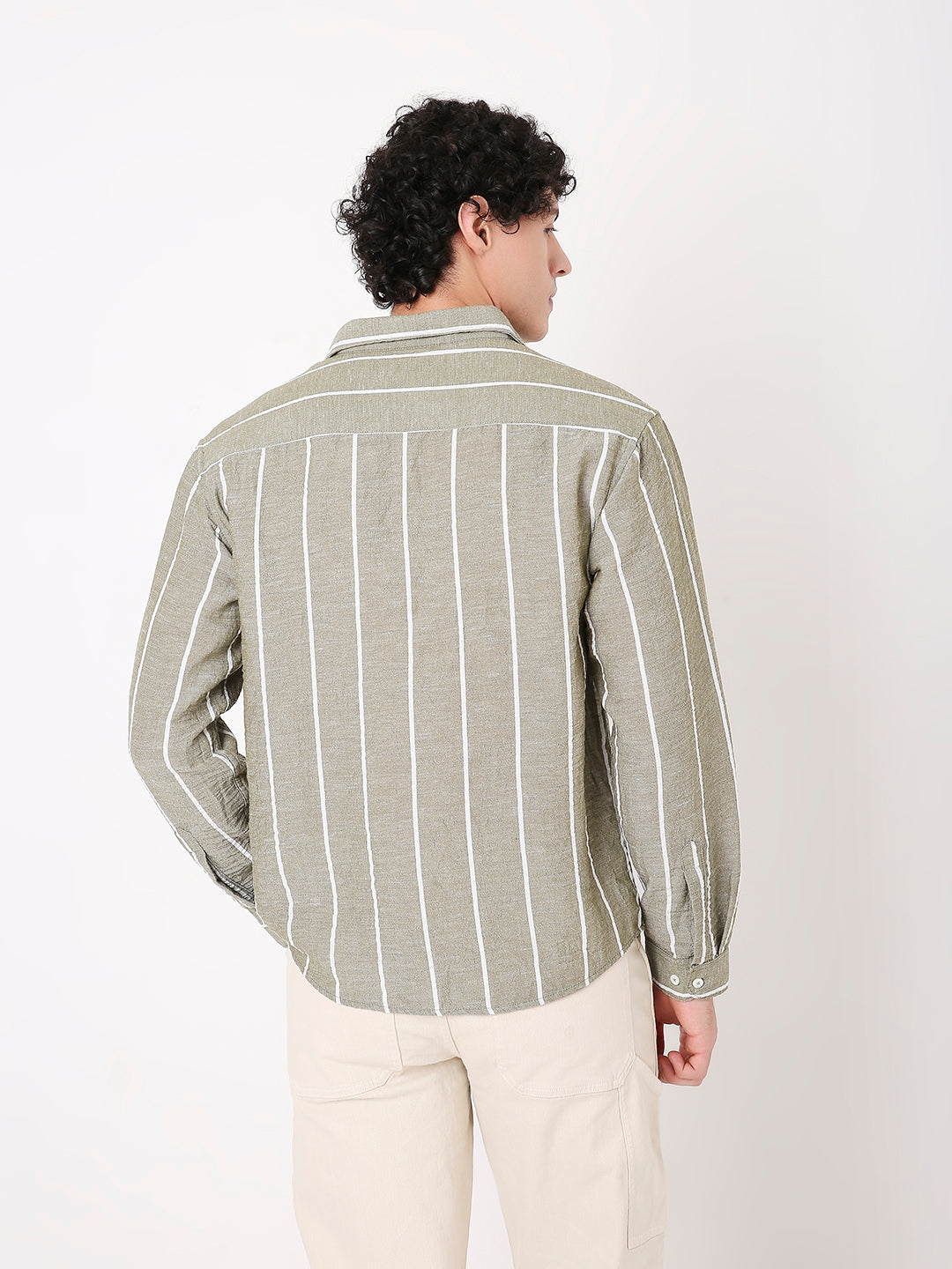 OLIVE LINEN BLEND STRIPED SHIRT
