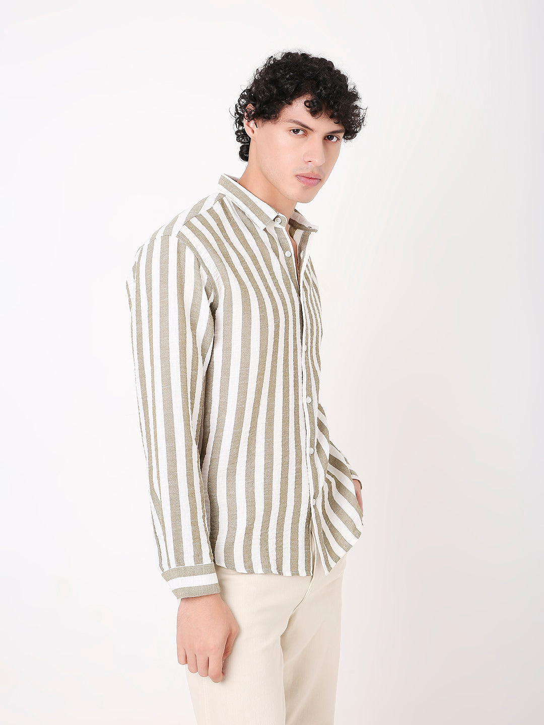 OLIVE VERTICAL STRIPED SHIRT