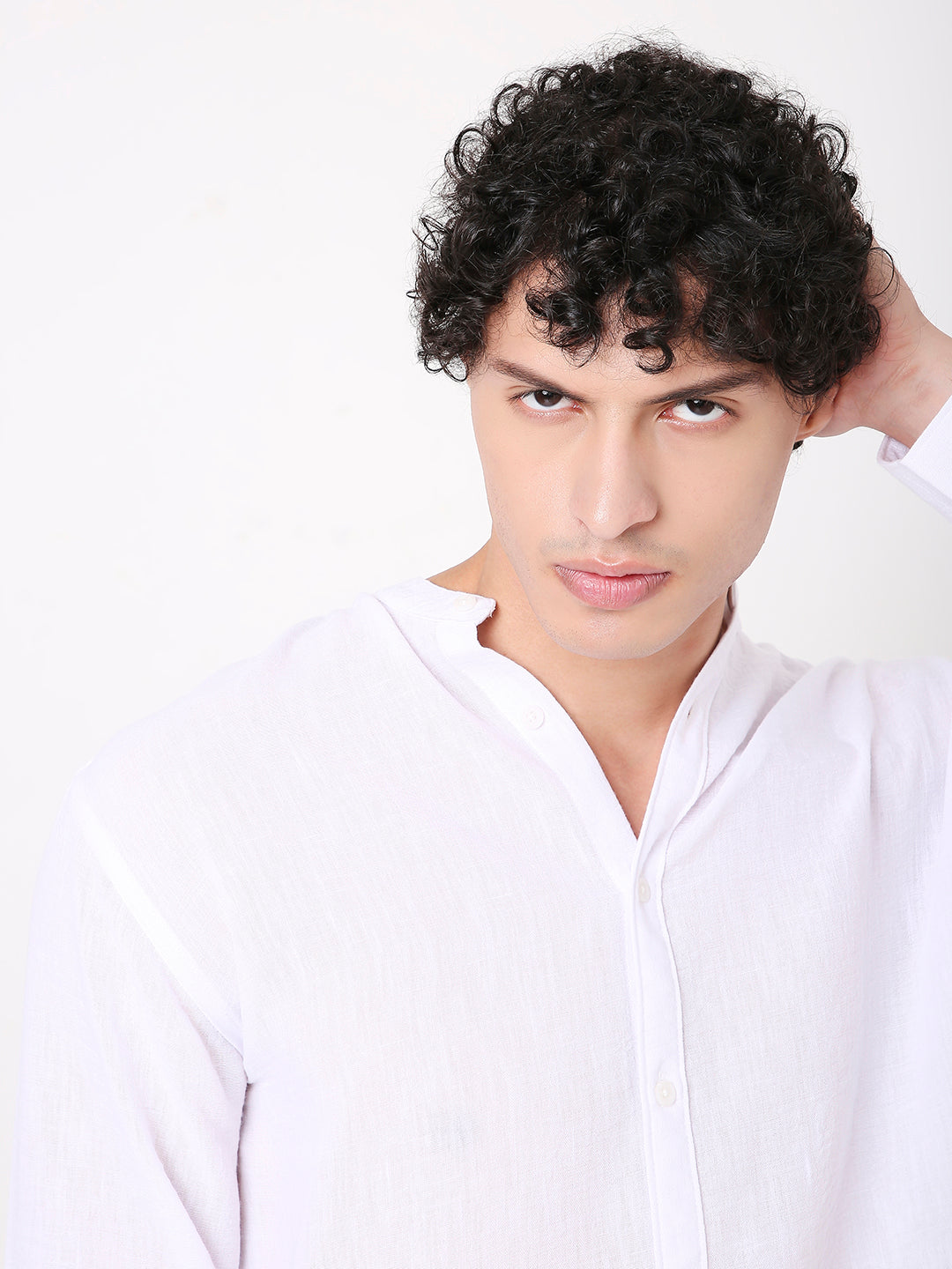 WHITE PREMIUM LINEN BLEND MANDARIN COLLAR SHIRT