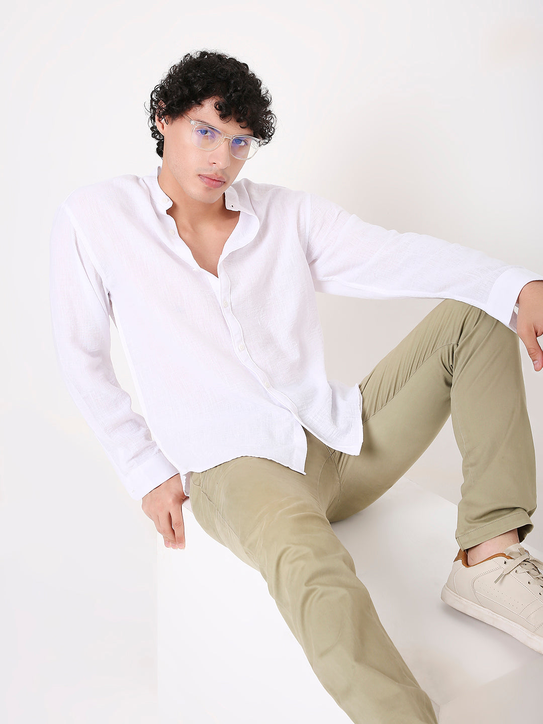 WHITE PREMIUM LINEN BLEND MANDARIN COLLAR SHIRT