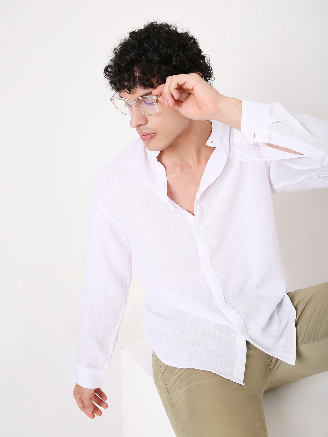 WHITE PREMIUM LINEN BLEND MANDARIN COLLAR SHIRT