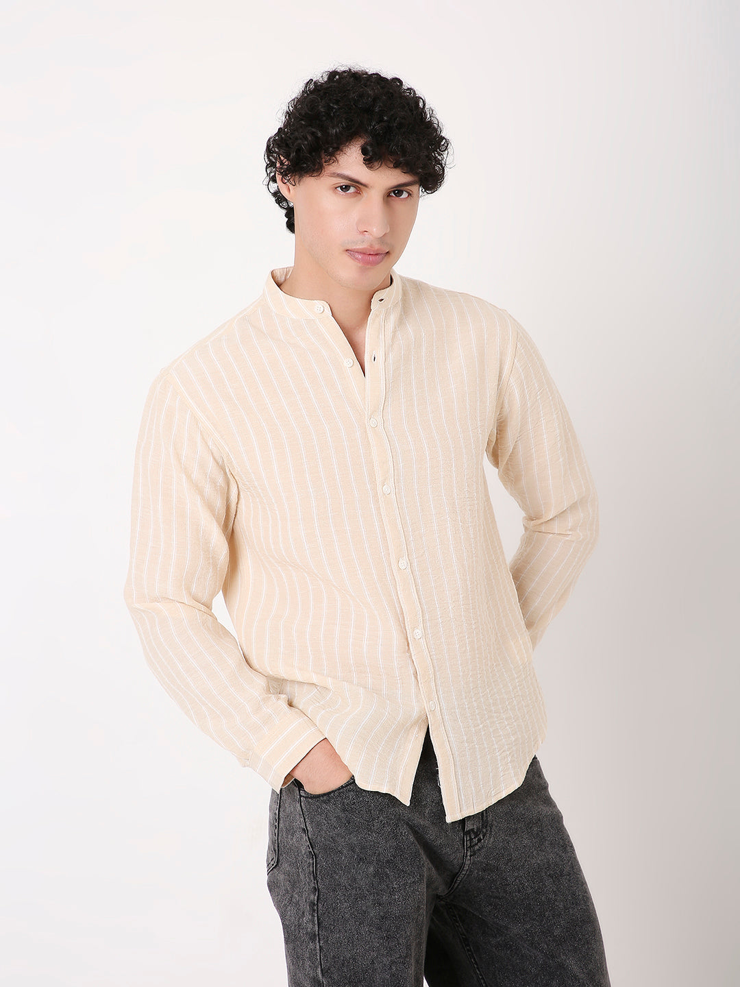 STRIPED LINEN BLEND MANDARIN COLLAR SHIRT FOR MEN
