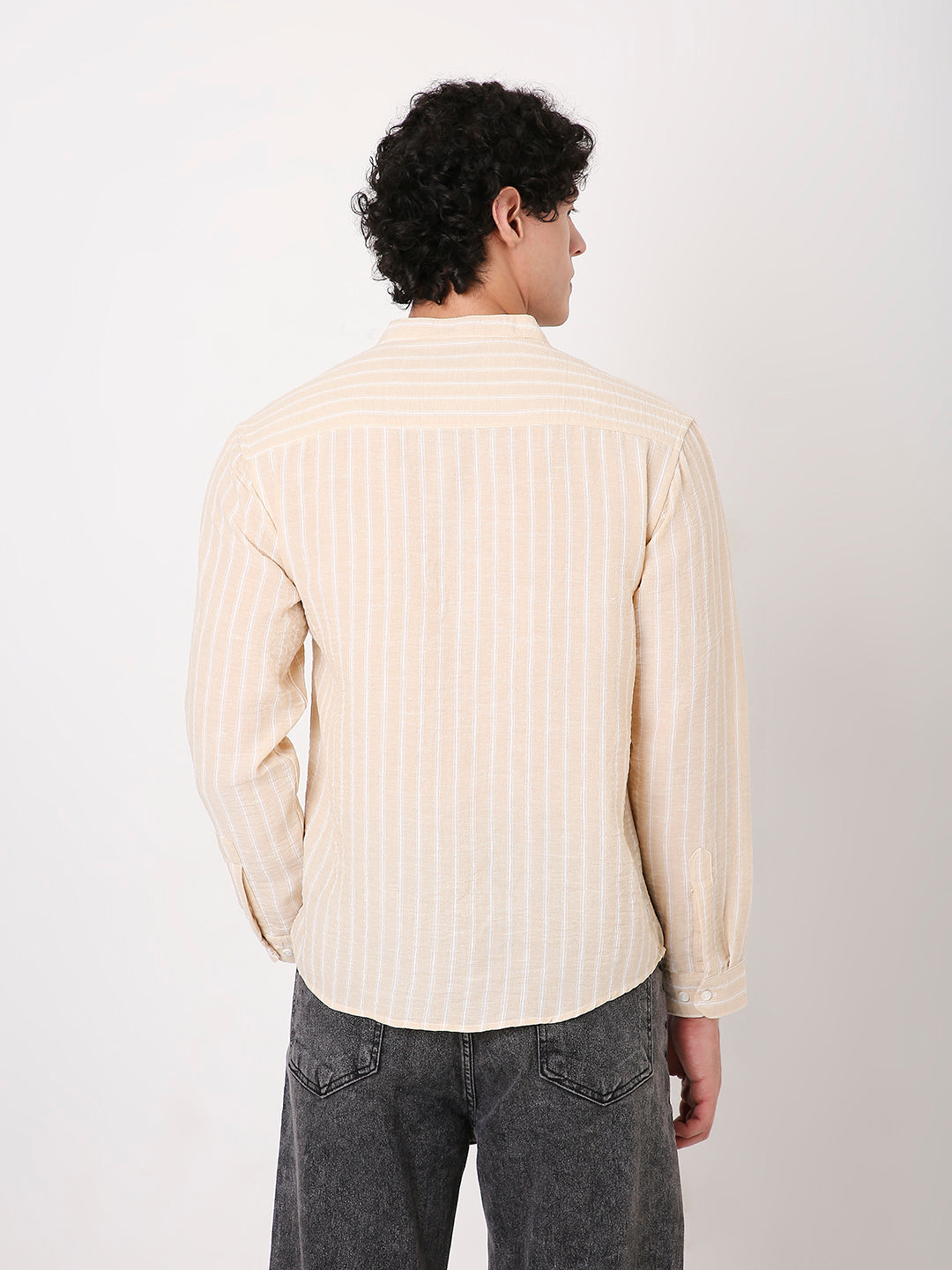 STRIPED LINEN BLEND MANDARIN COLLAR SHIRT FOR MEN