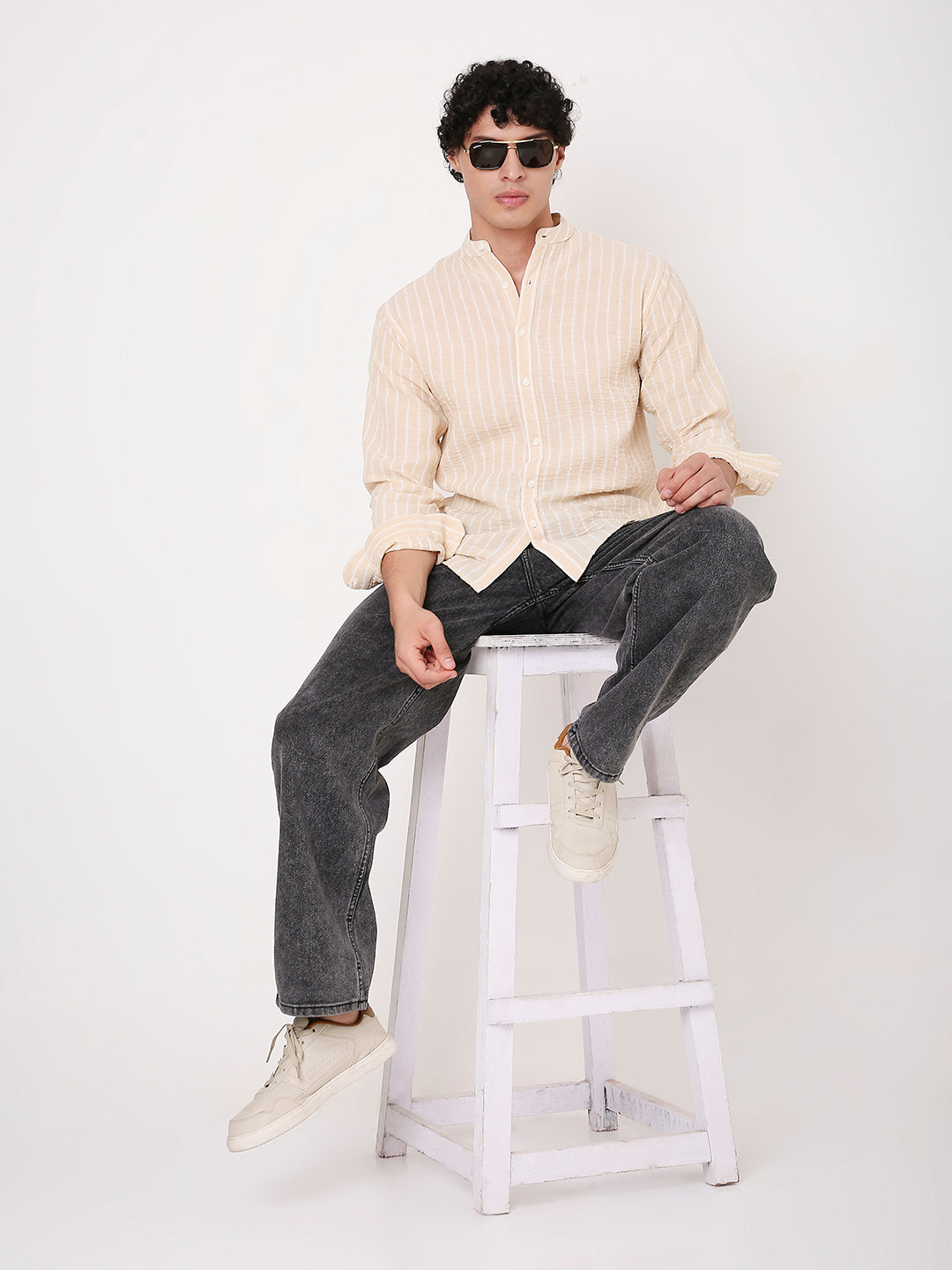 STRIPED LINEN BLEND MANDARIN COLLAR SHIRT FOR MEN