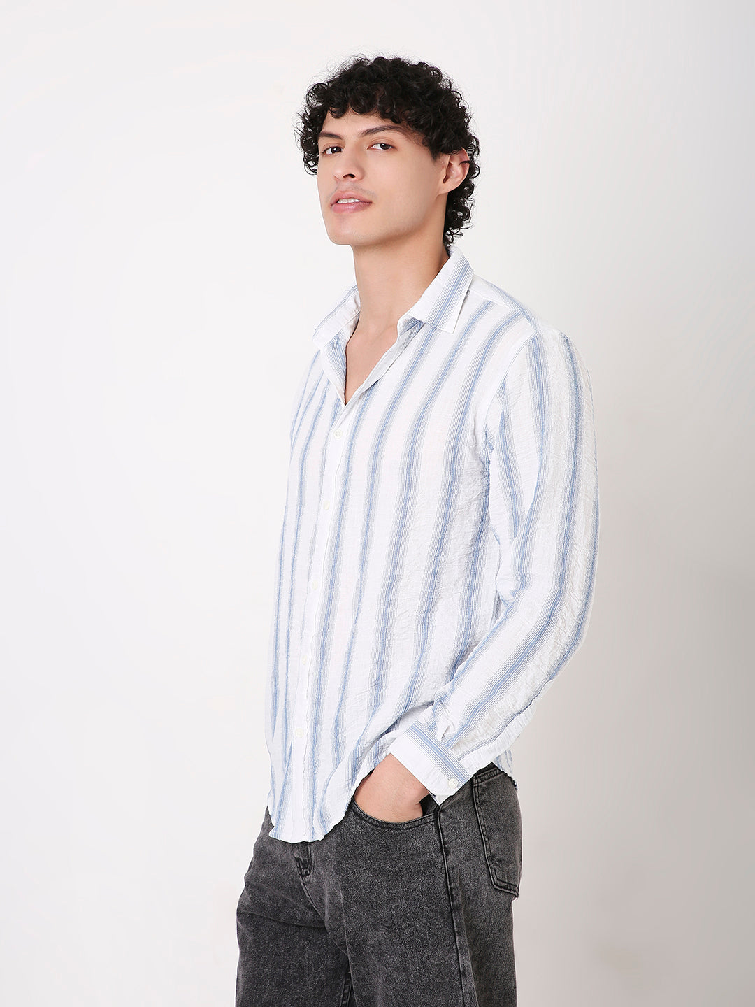 BLUE STRIPED LINEN BLEND SHIRT