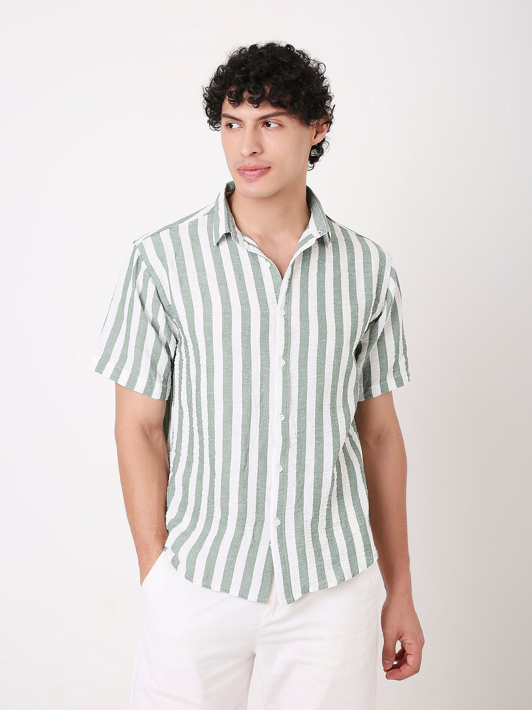 GREEN VERTICAL STRIPED SHIRT