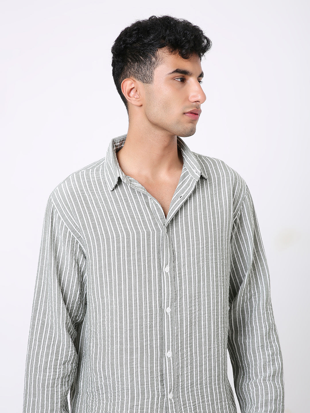 GREEN LINEN BLEND STRIPED SHIRT