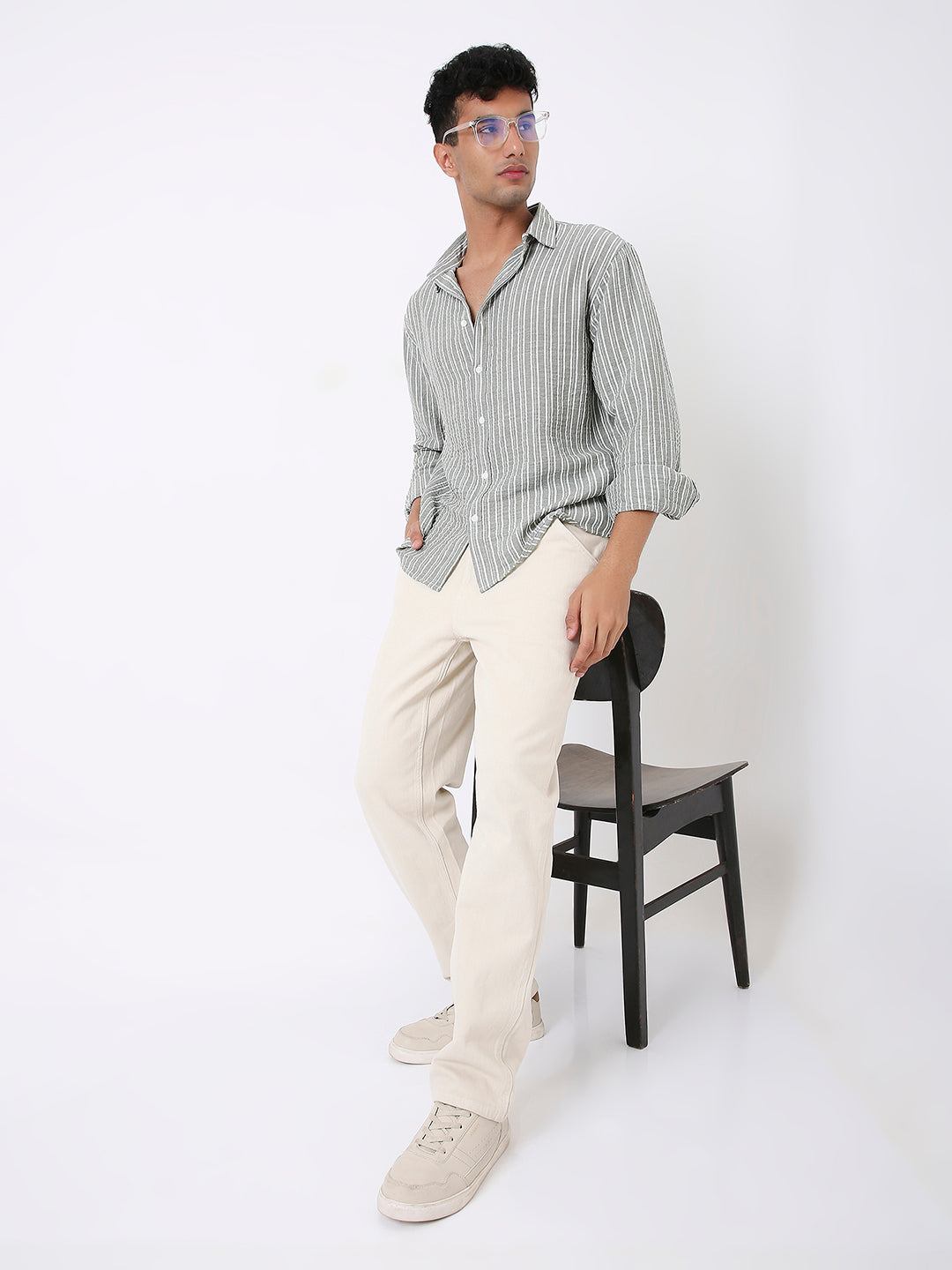 GREEN LINEN BLEND STRIPED SHIRT