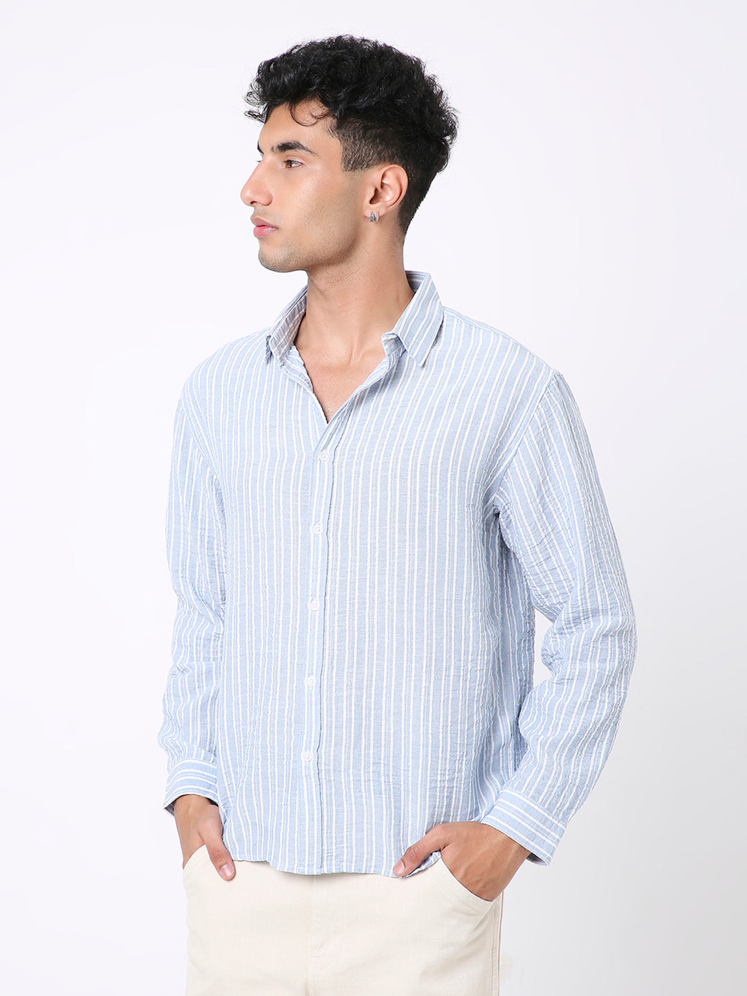 BLUE LINEN BLEND STRIPED SHIRT