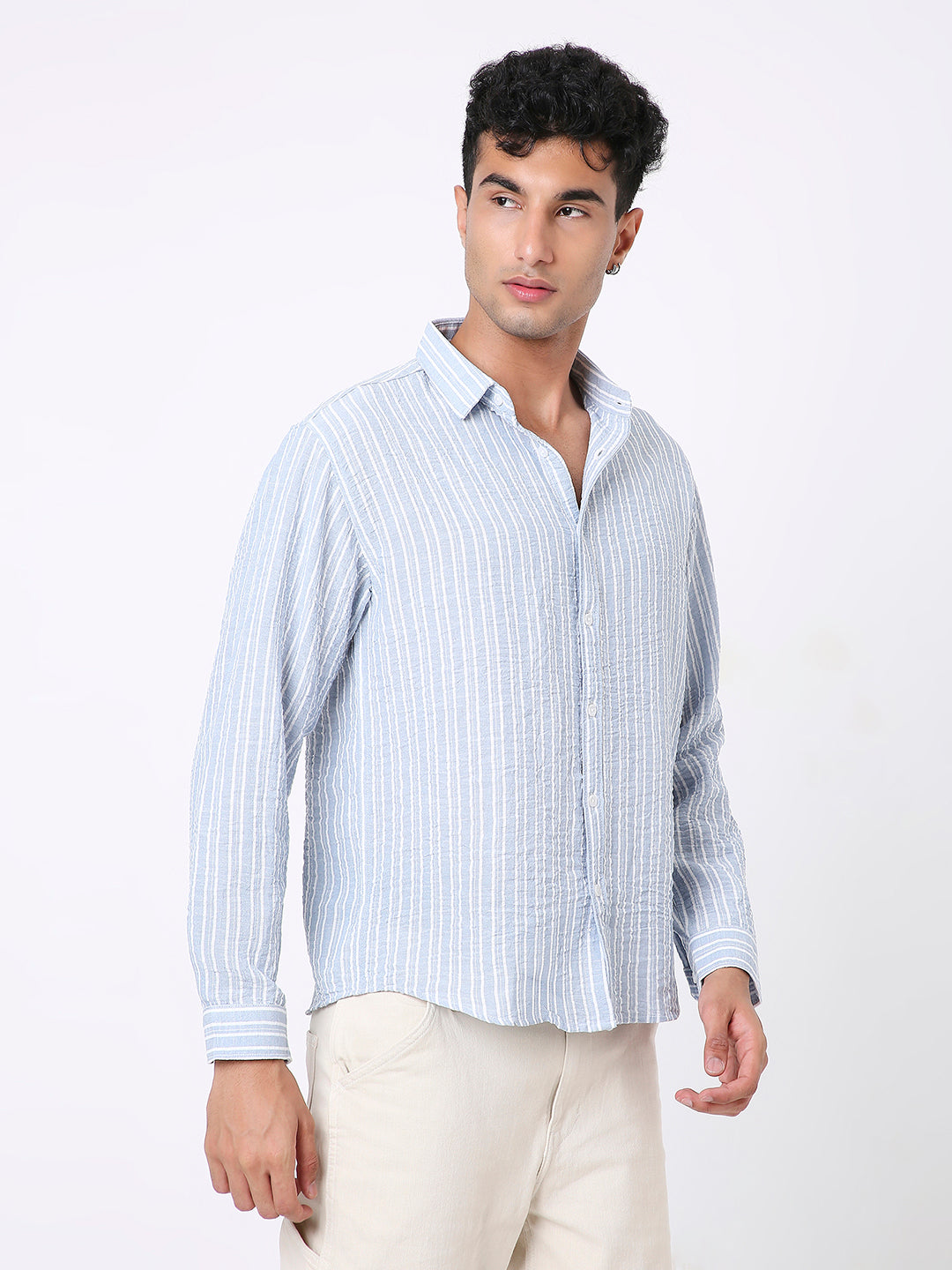 BLUE LINEN BLEND STRIPED SHIRT