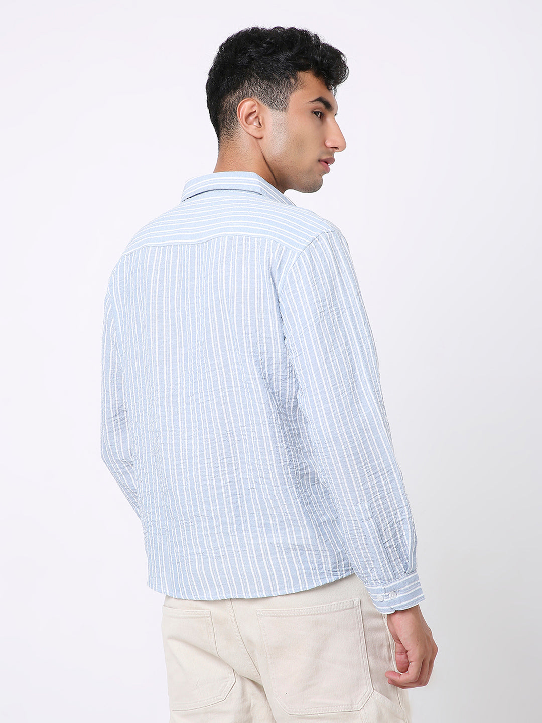 BLUE LINEN BLEND STRIPED SHIRT