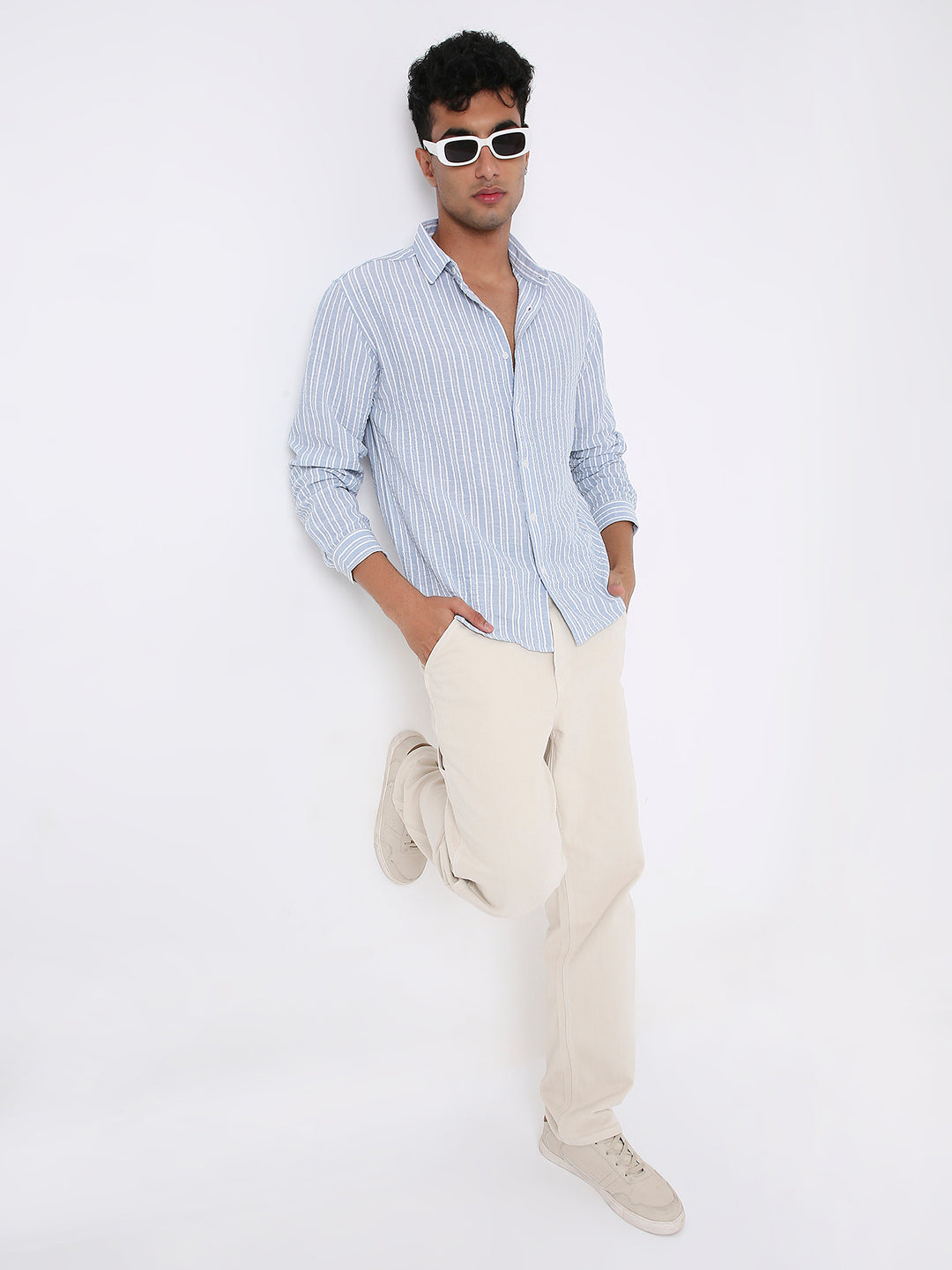 BLUE LINEN BLEND STRIPED SHIRT