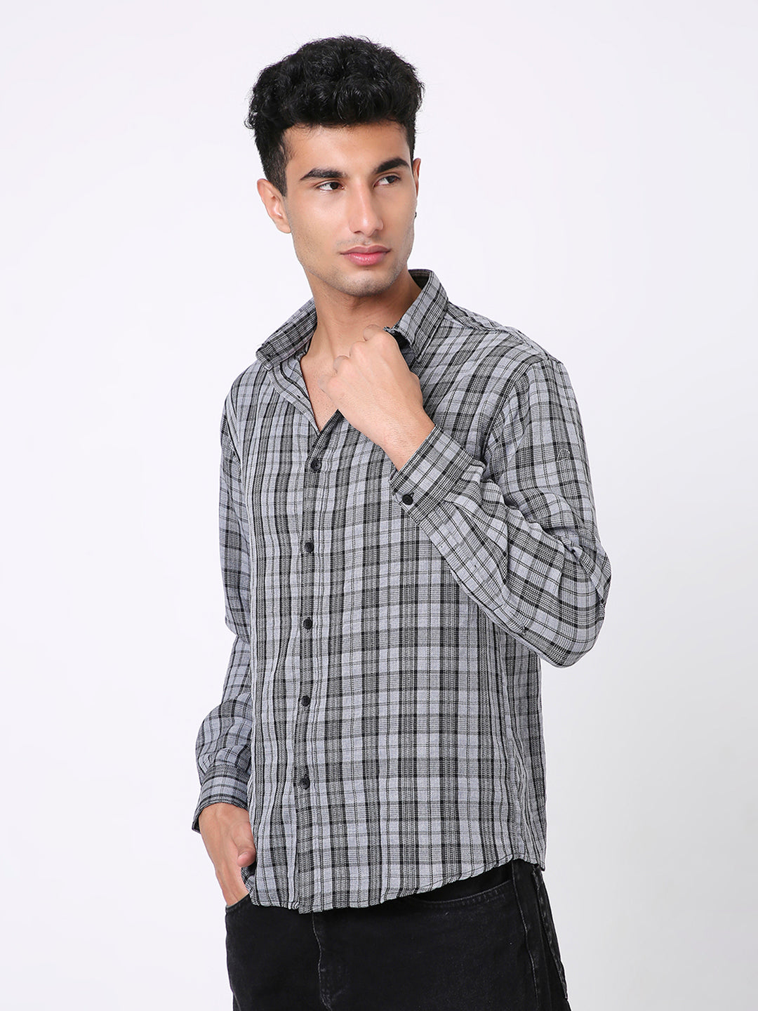 RELAXED FIT CHECKERED DARK GREY CASUAL SHIRT