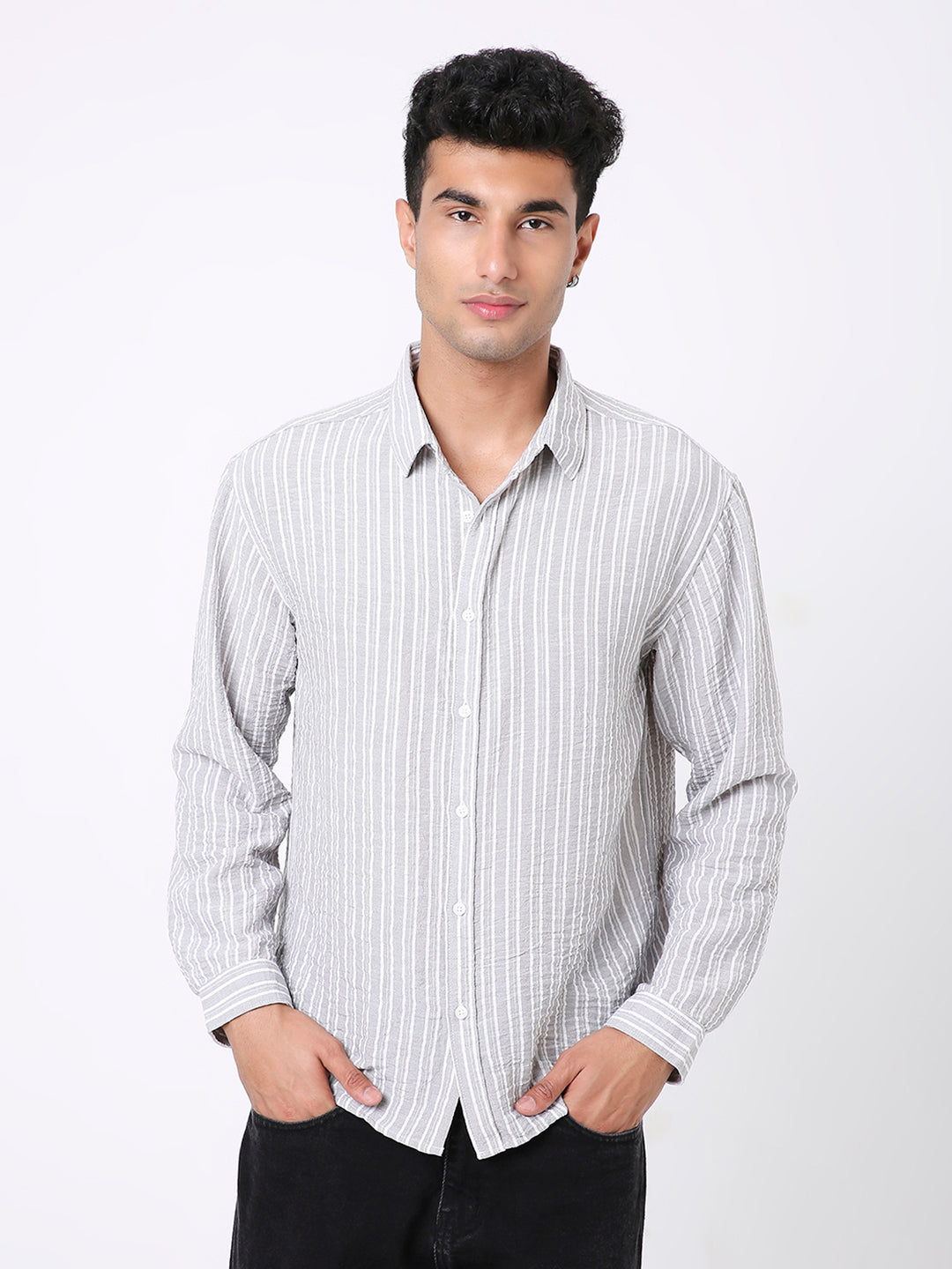 CLASSIC GREY & WHITE LINEN BLEND STRIPED SHIRT