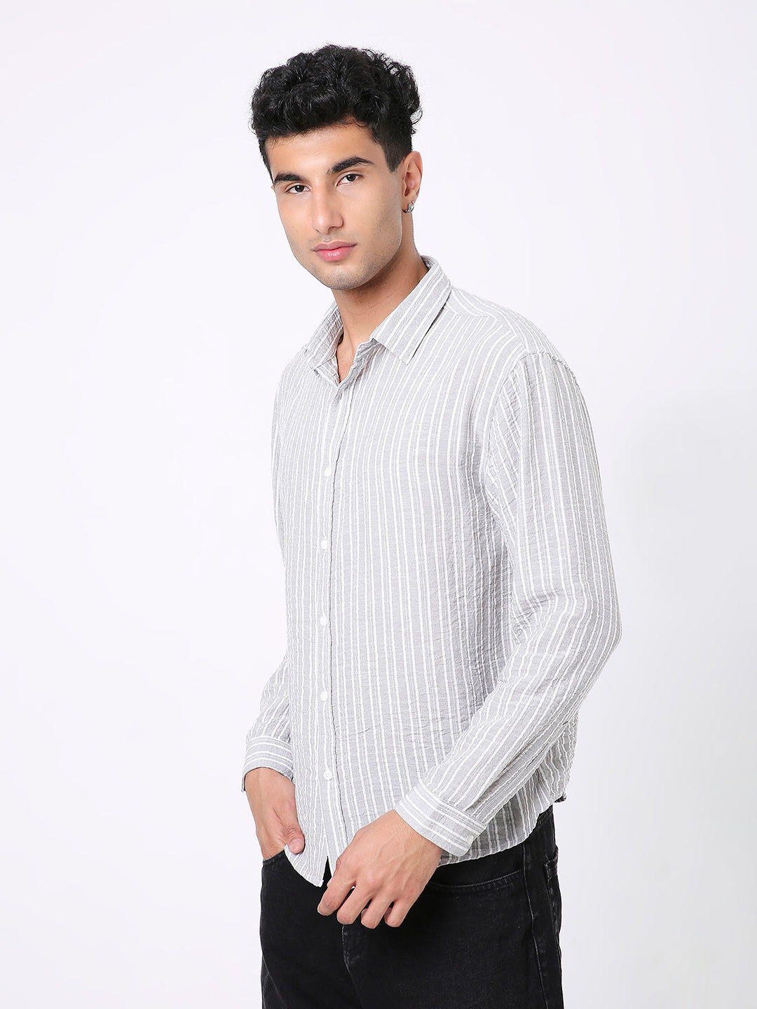 CLASSIC GREY & WHITE LINEN BLEND STRIPED SHIRT