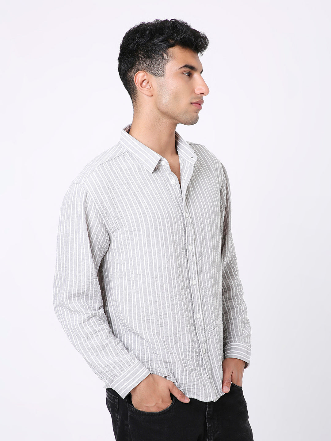 GRAY LINEN BLEND STRIPED SHIRT