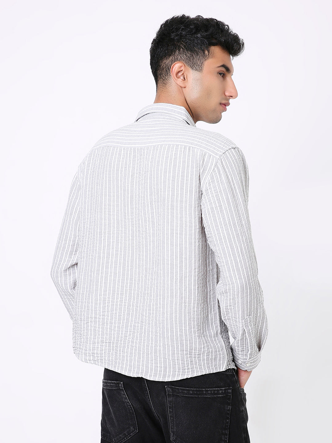 GRAY LINEN BLEND STRIPED SHIRT