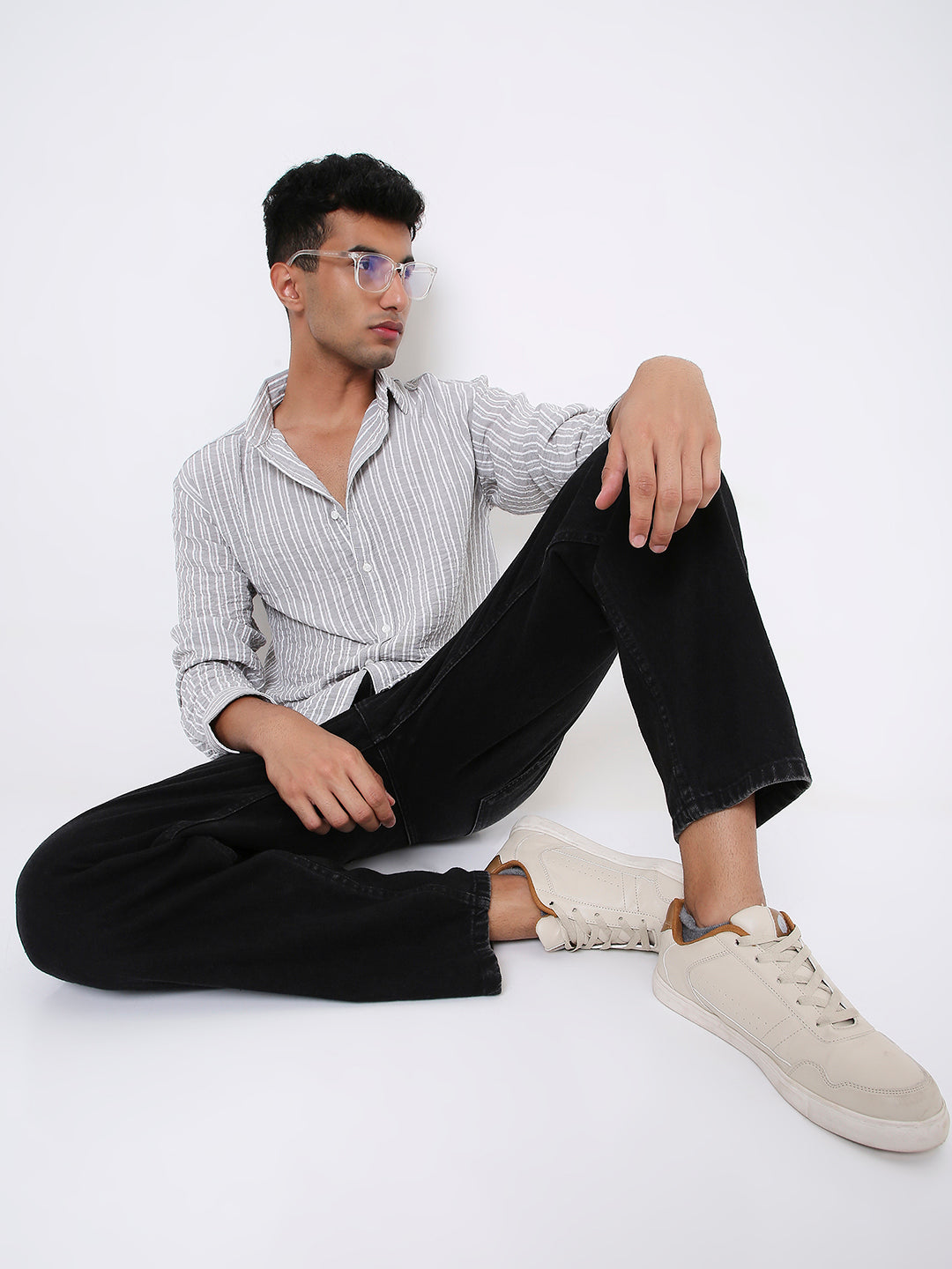 CLASSIC GREY & WHITE LINEN BLEND STRIPED SHIRT
