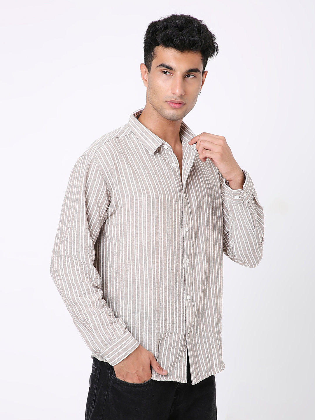 BEIGE LINEN BLEND STRIPED SHIRT