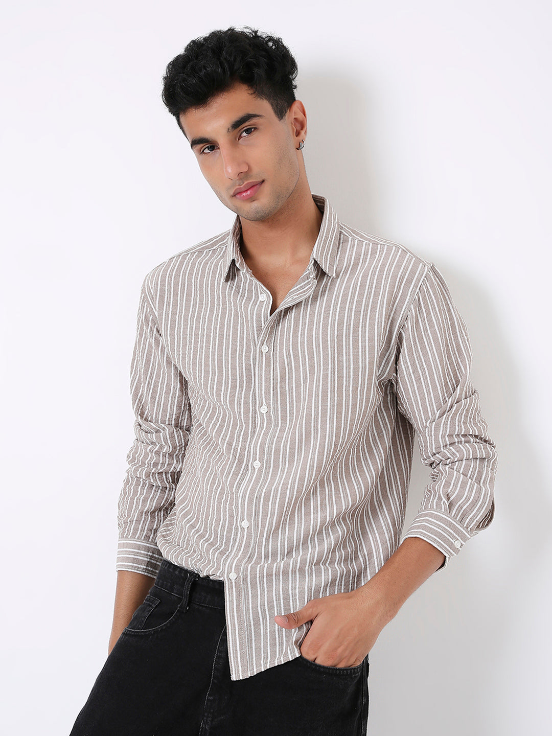 BEIGE LINEN BLEND STRIPED SHIRT