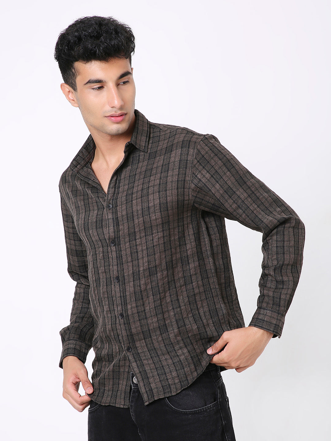 DARK KHAKI CHECKERED CASUAL SHIRT