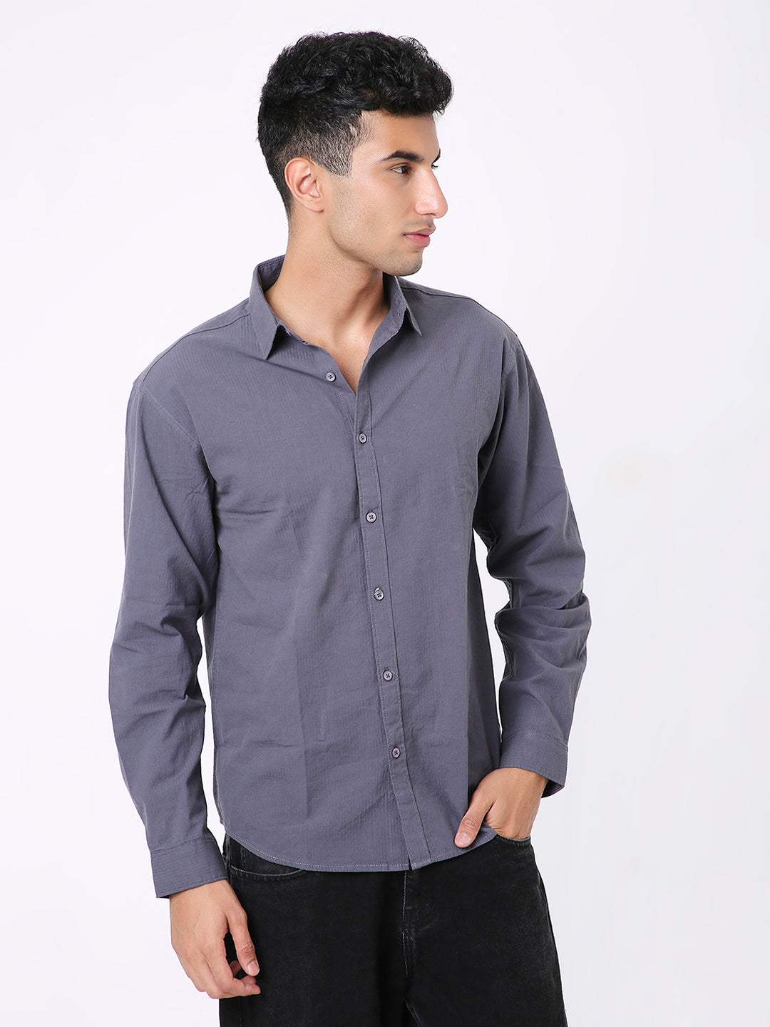 RELAXED FIT SELF STRIPED CHARCOAL CASUAL SHIRT