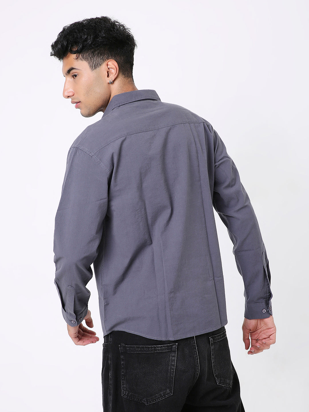 CHARCOAL GRAY SELF STRIPED SHIRT