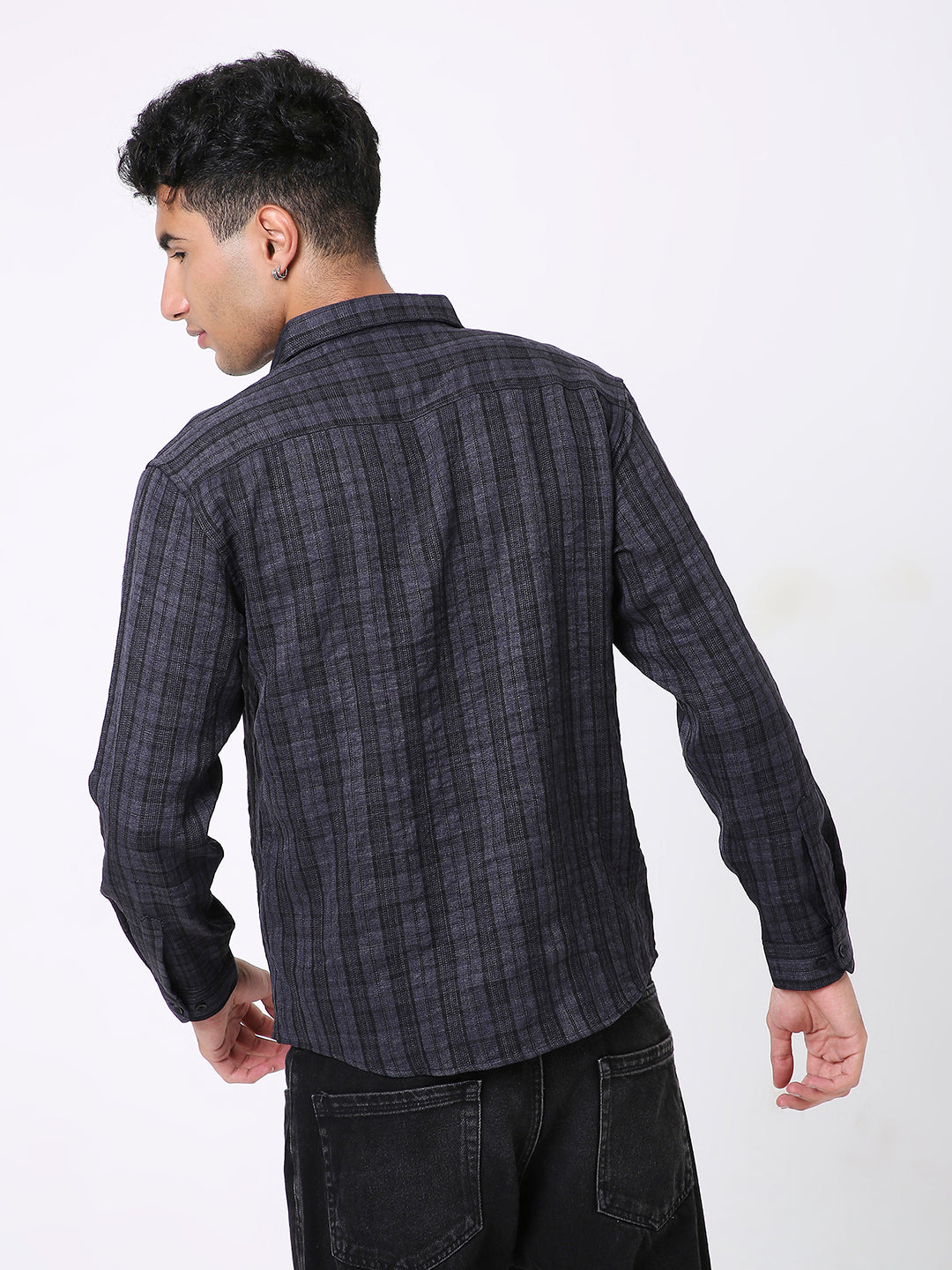 RELAXED FIT CHECKERED DARK GREY CASUAL SHIRT