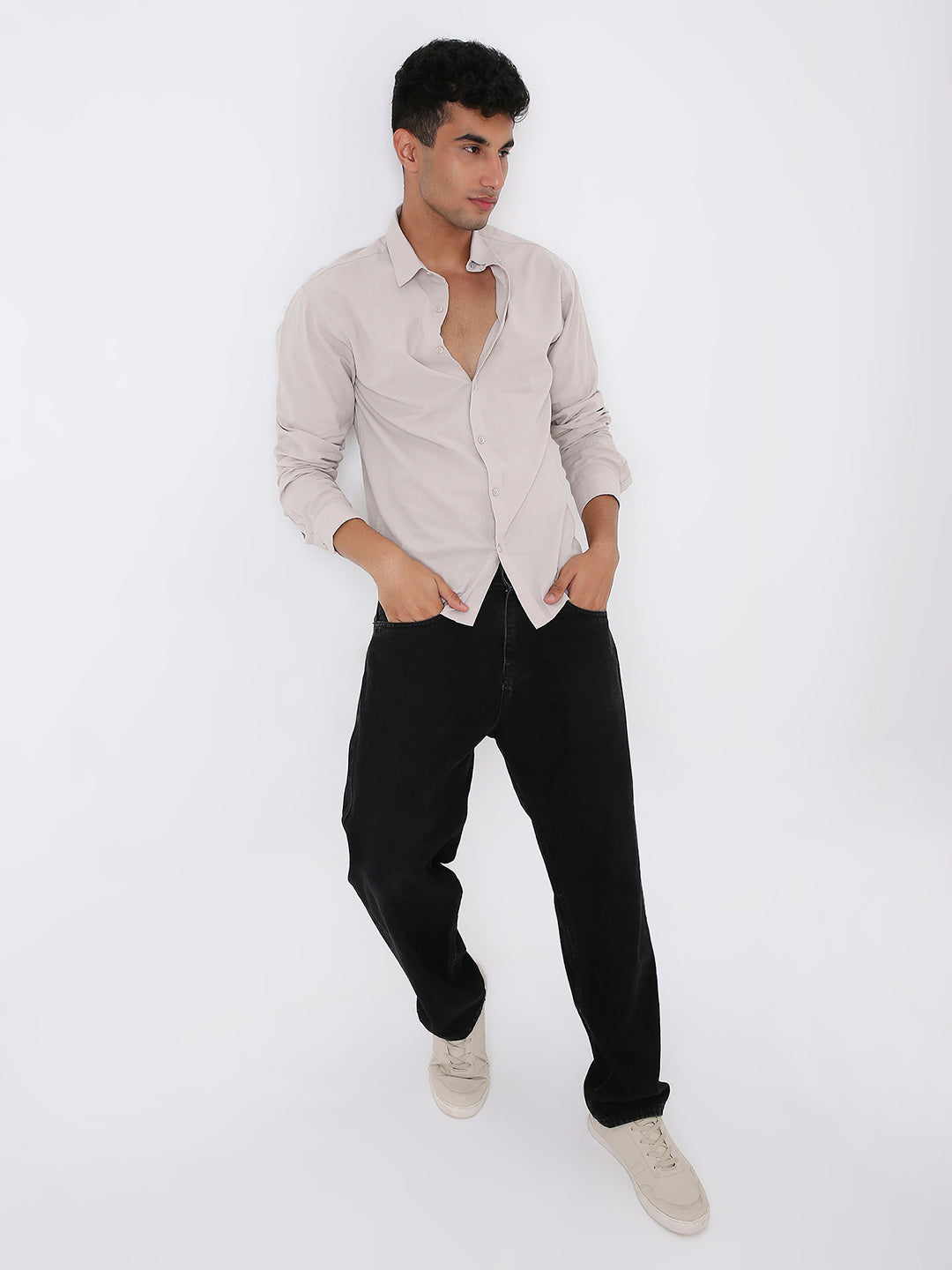 BEIGE SELF STRIPED SHIRT