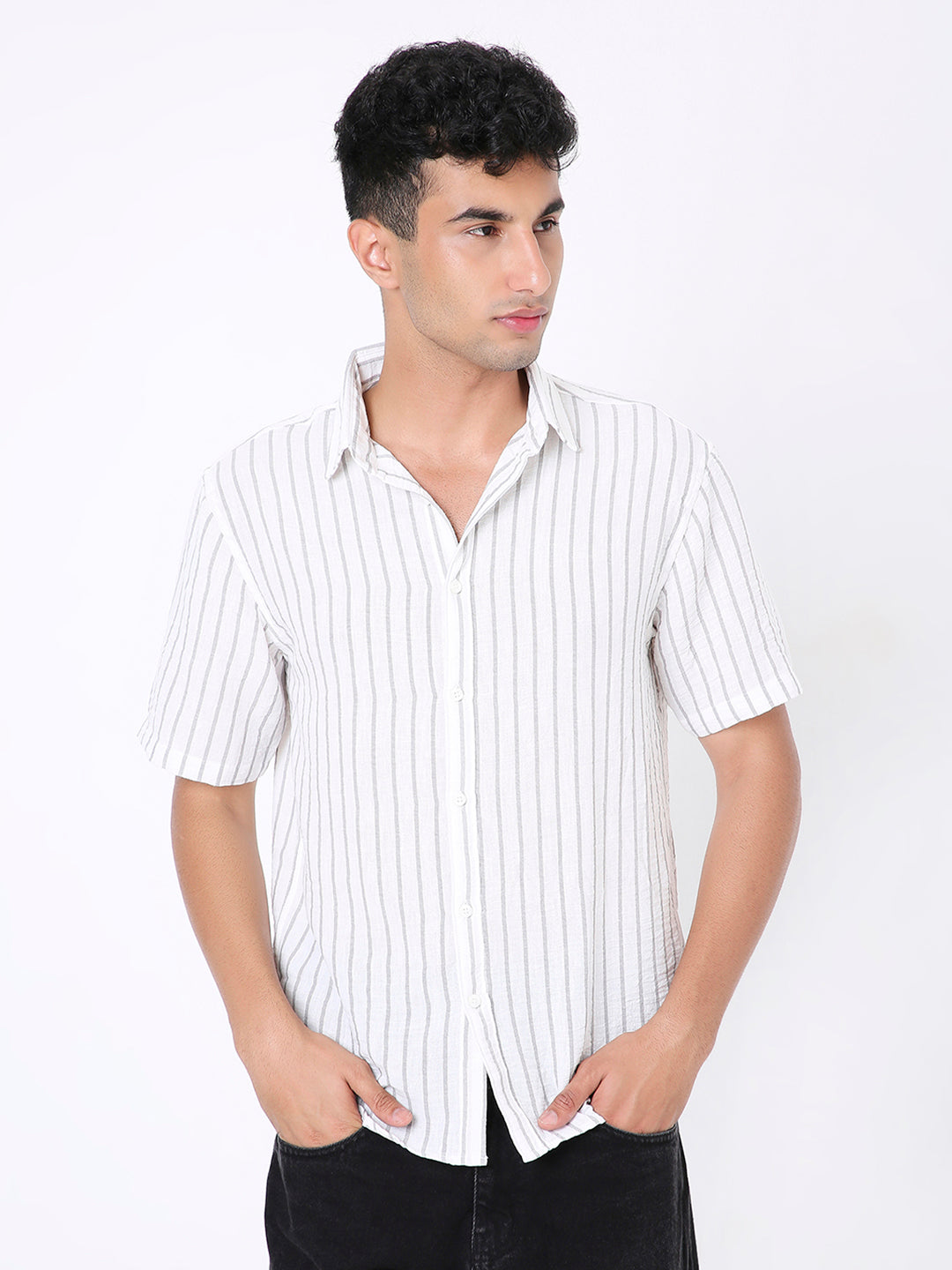 CLASSIC GREY LINEN BLEND STRIPED SHIRT