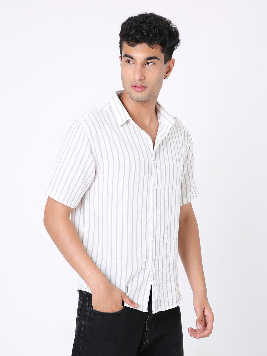 CLASSIC GREY LINEN BLEND STRIPED SHIRT