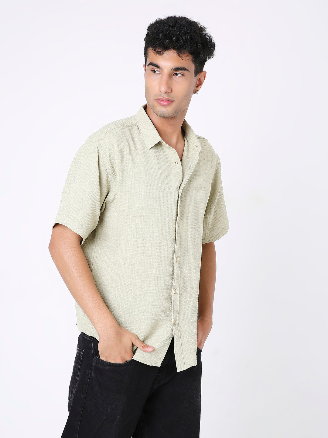 GREEN JACQUARD STRUCTURED SHIRT